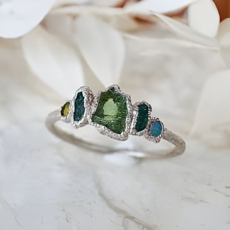 Tsavorite ring with emerald and opal - READY TO SHIP in US size 9