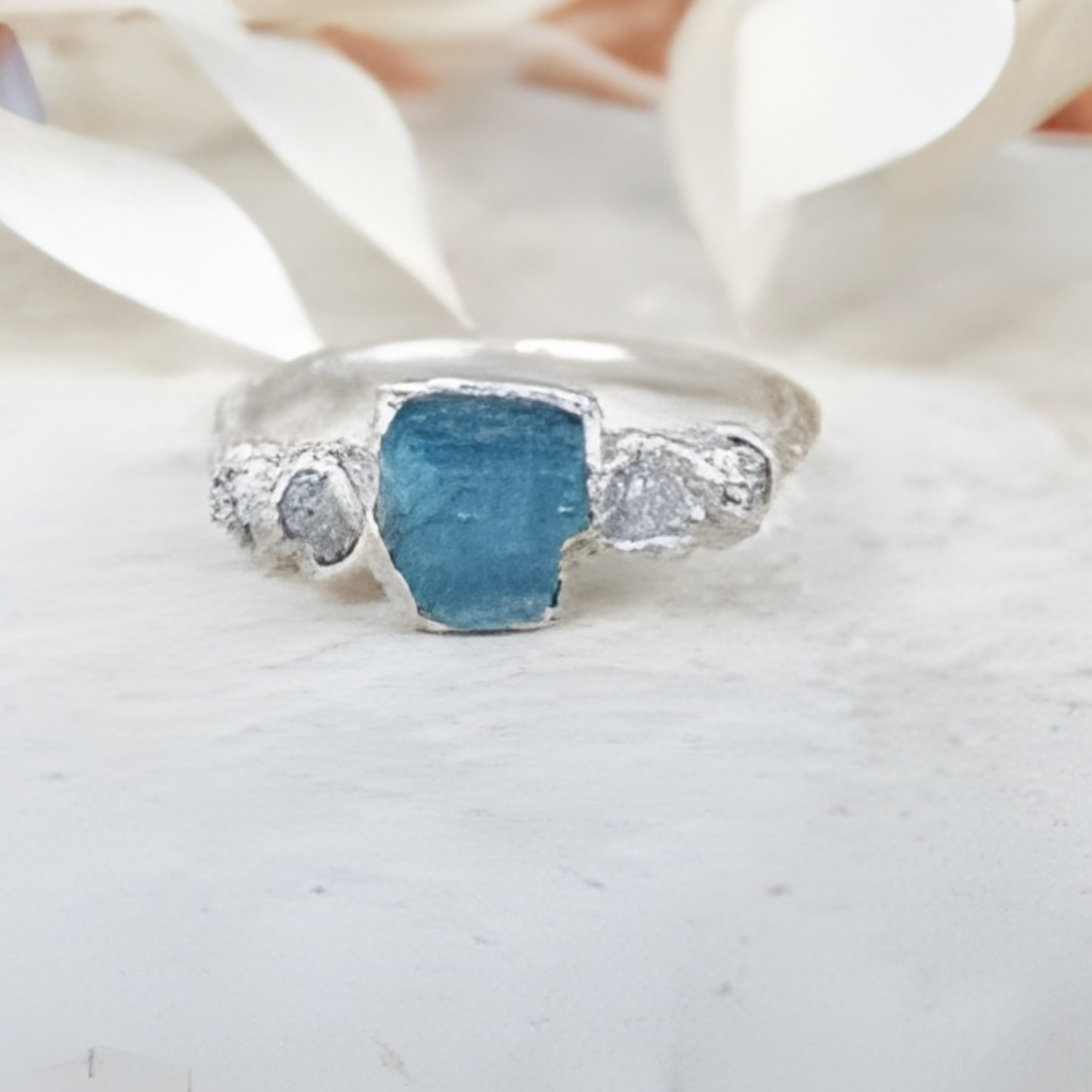 READY TO SHIP in US size 6.5 - Raw aquamarine and diamond ring