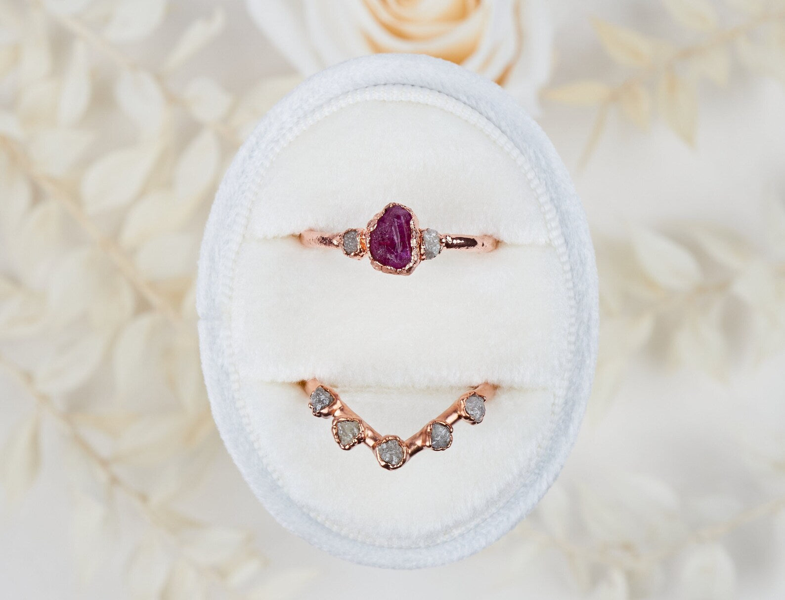Raw ruby and diamond wedding set | Marissa