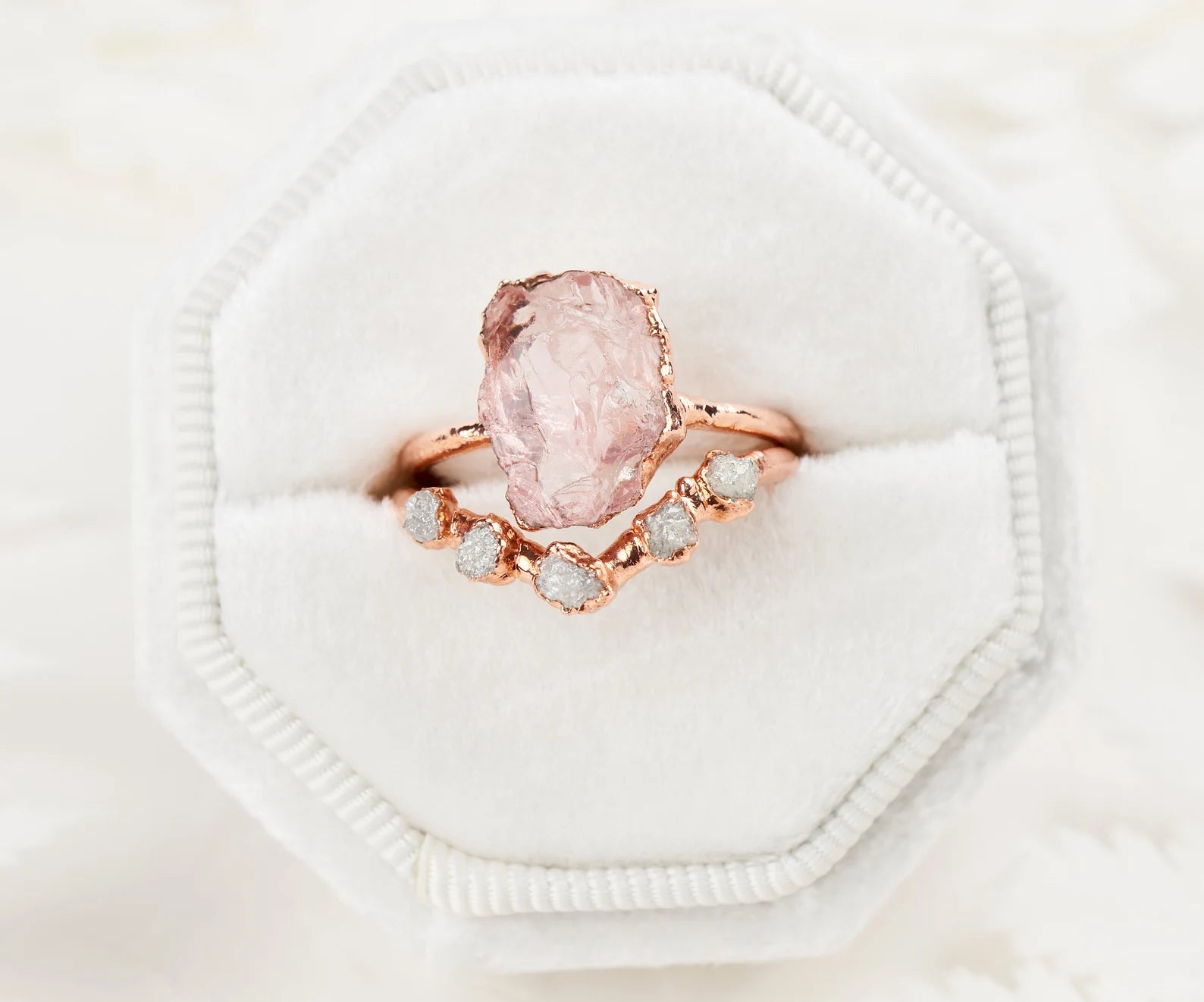 Raw Rose Quartz ring | Lotus With chevron ring