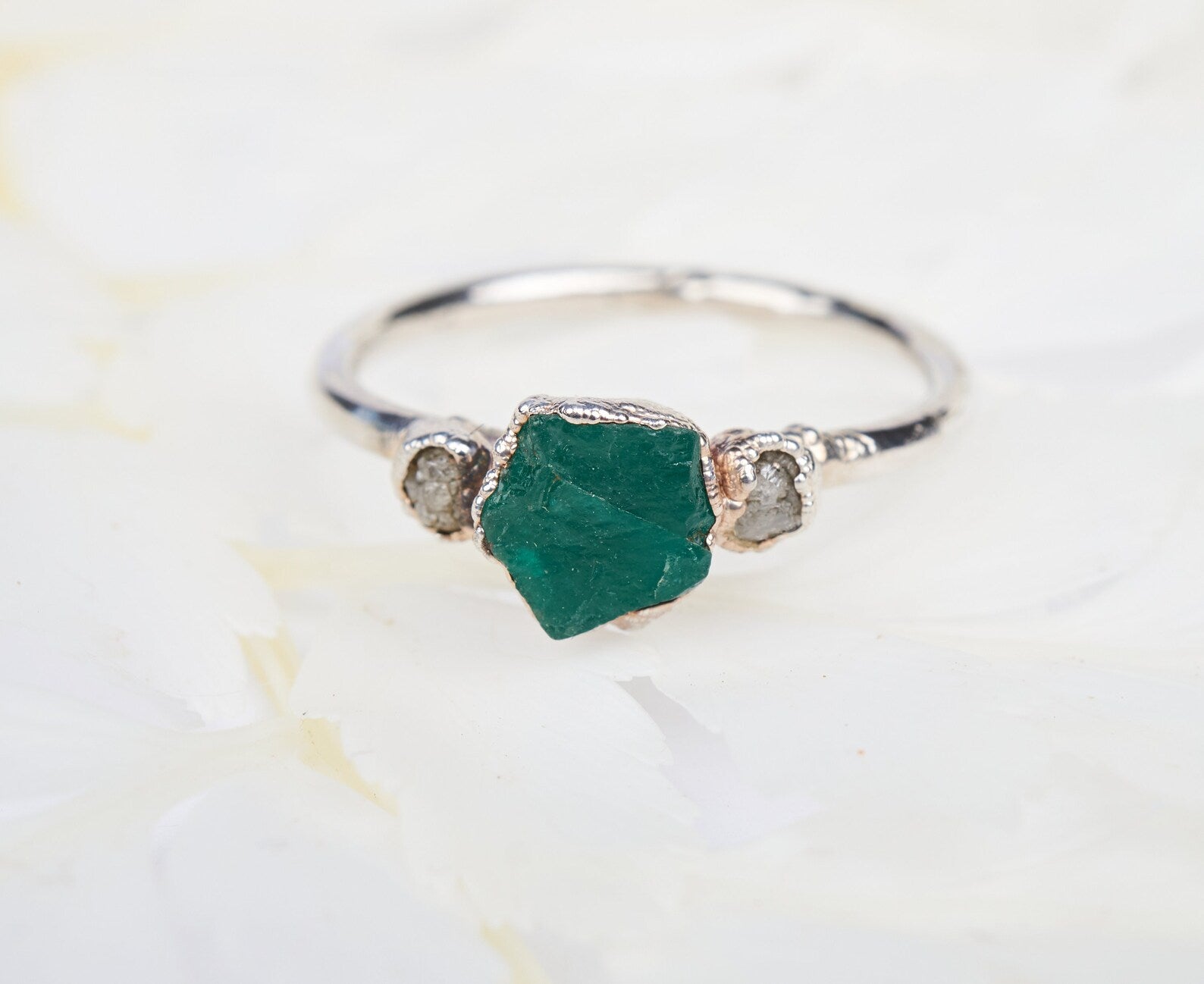READY TO SHIP in US size 7.5 | Raw emerald ring with diamonds