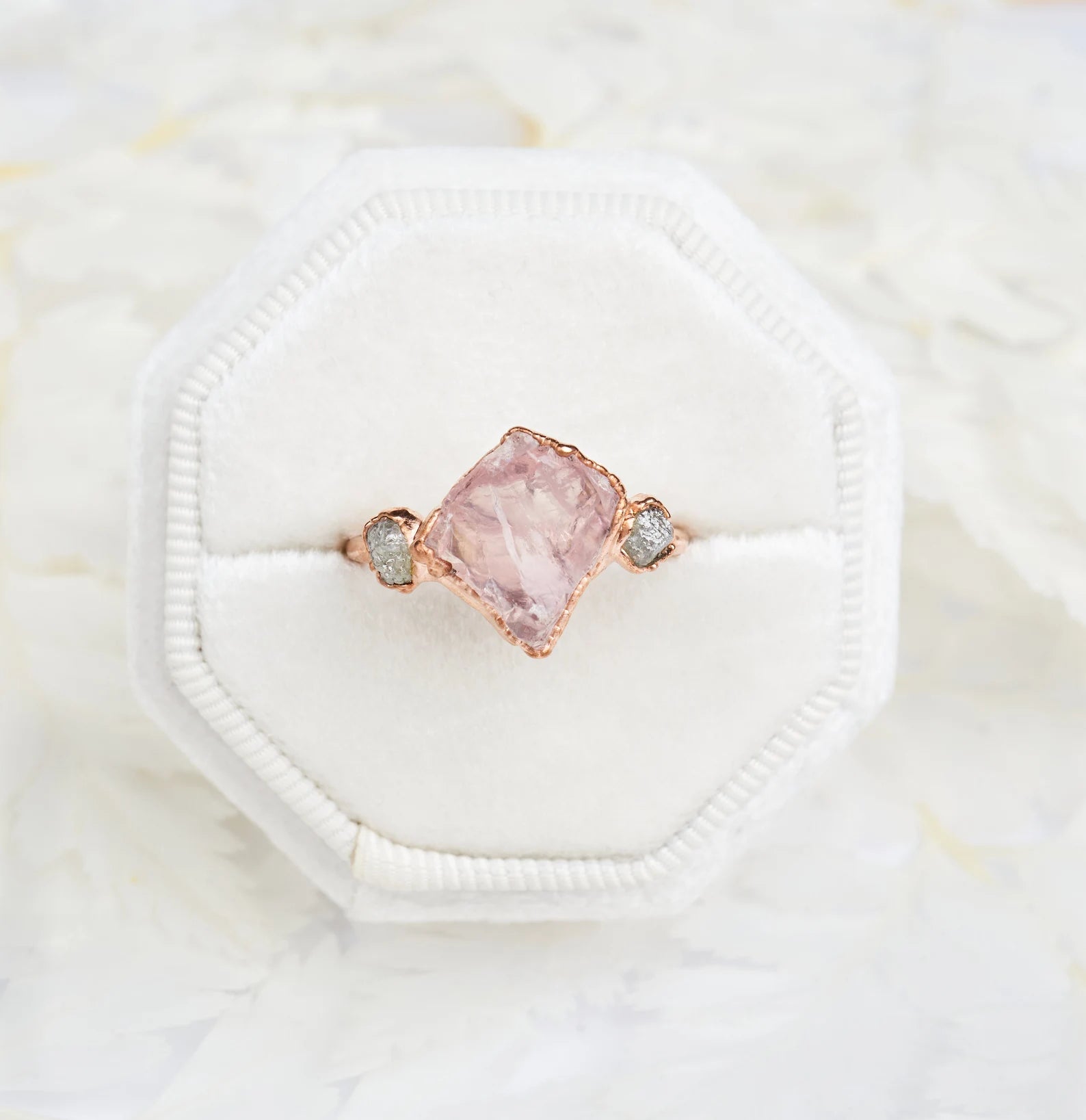 READY TO SHIP in US size 6 3/4 | Raw rose quartz engagement ring with diamonds