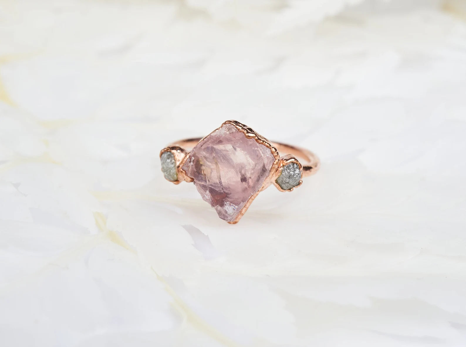 READY TO SHIP in US size 6 3/4 | Raw rose quartz engagement ring with diamonds
