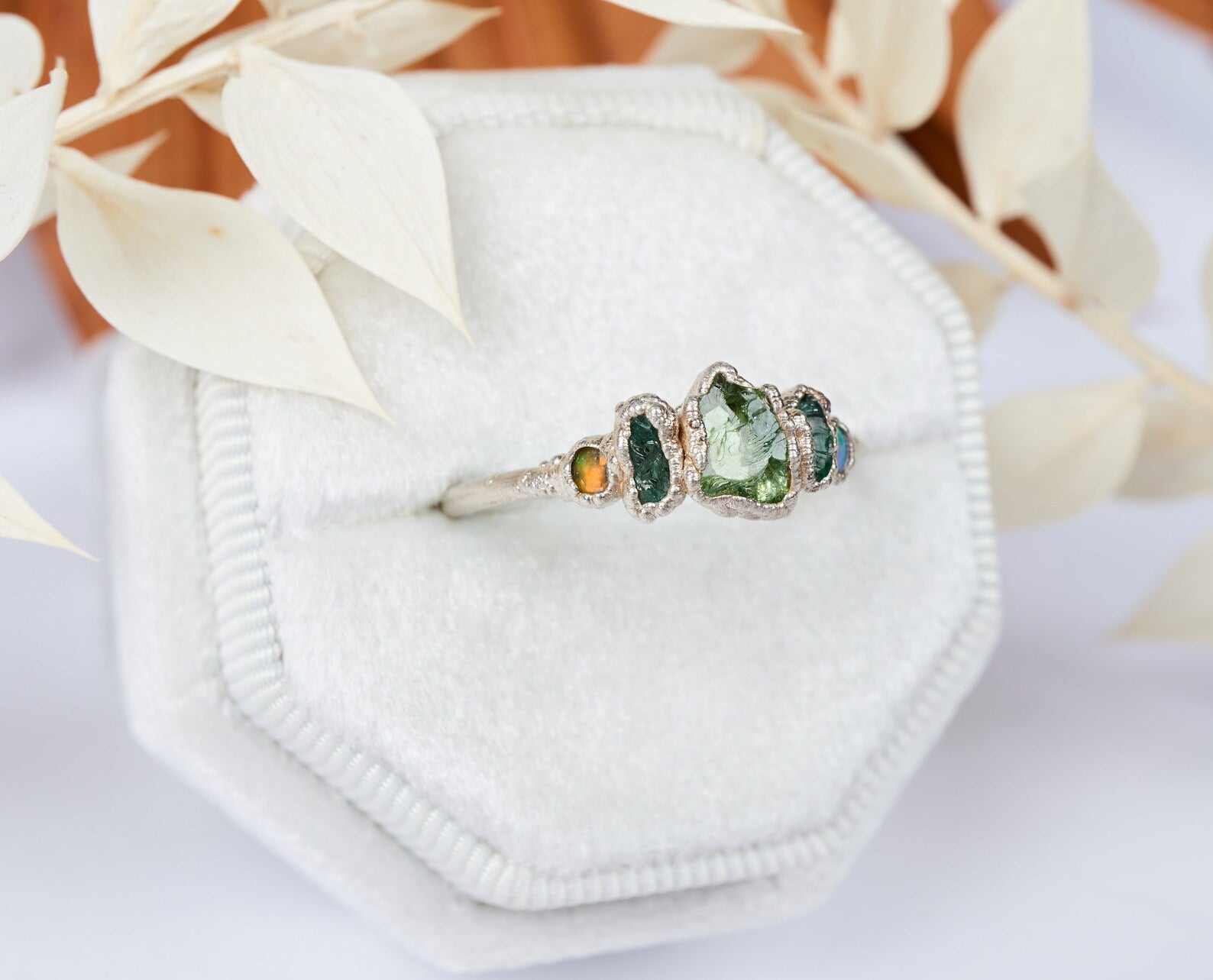 Tsavorite ring with emerald and opal - READY TO SHIP in US size 9