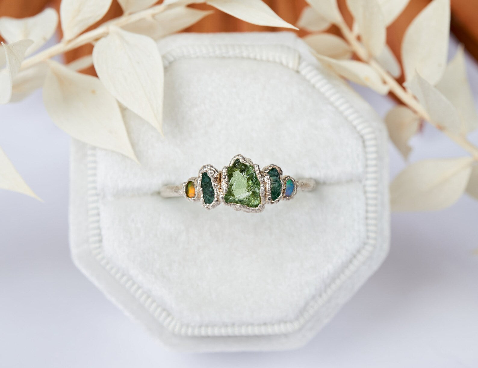 Tsavorite ring with emerald and opal - READY TO SHIP in US size 9