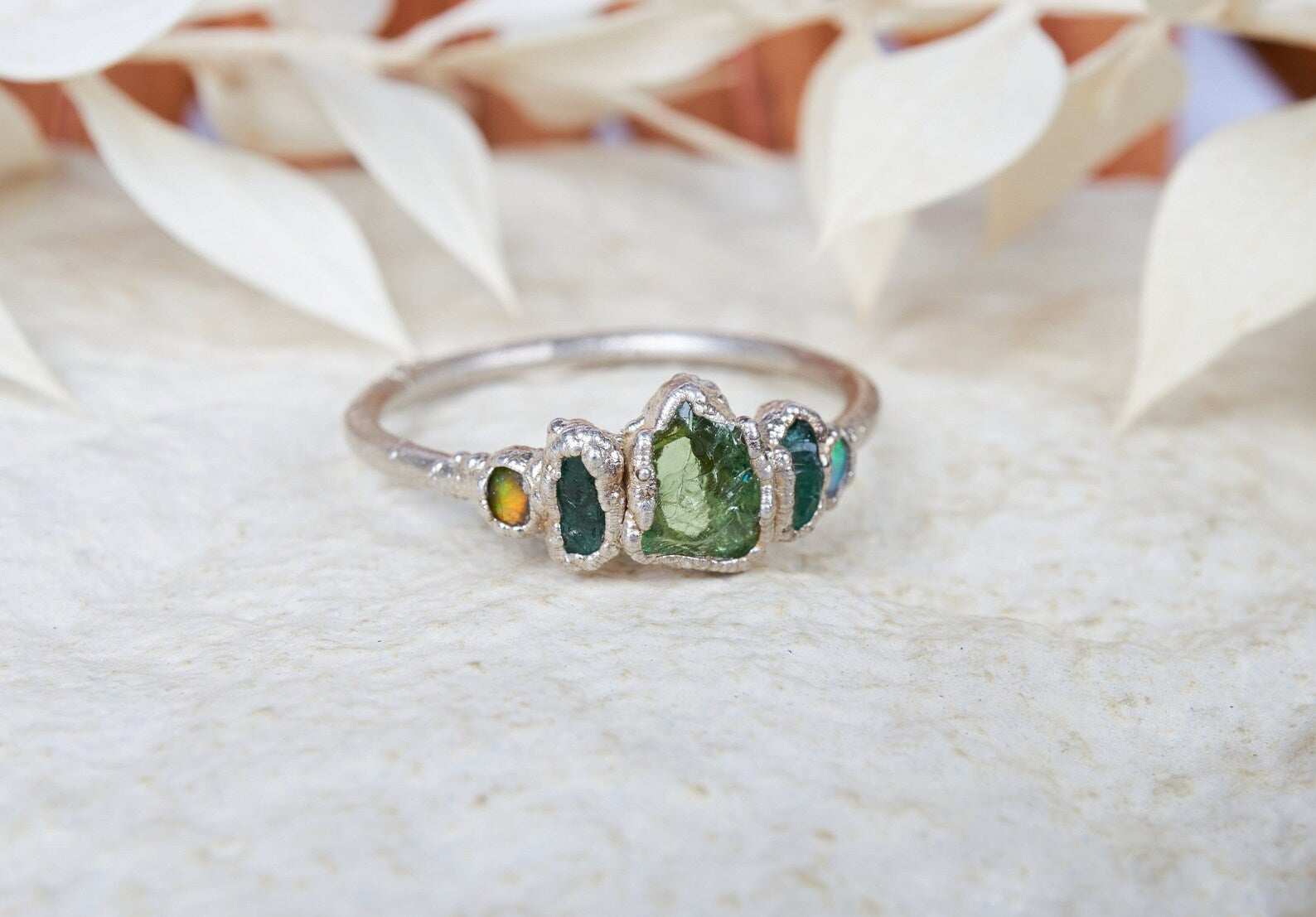 Tsavorite ring with emerald and opal - READY TO SHIP in US size 9