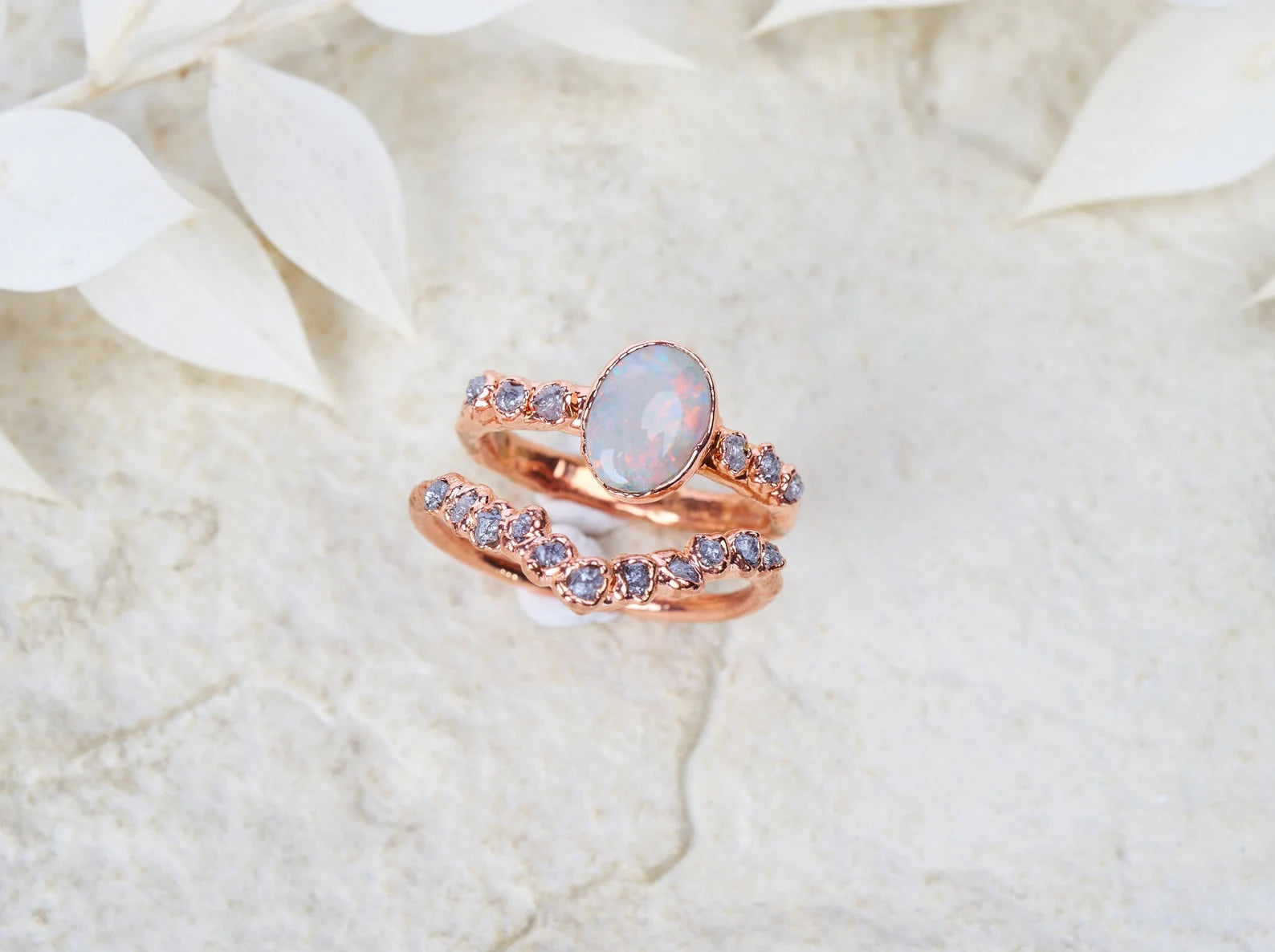 Opal engagement ring | Angelika With chevron ring