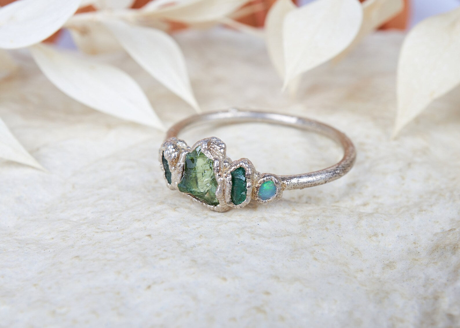 Tsavorite ring with emerald and opal - READY TO SHIP in US size 9