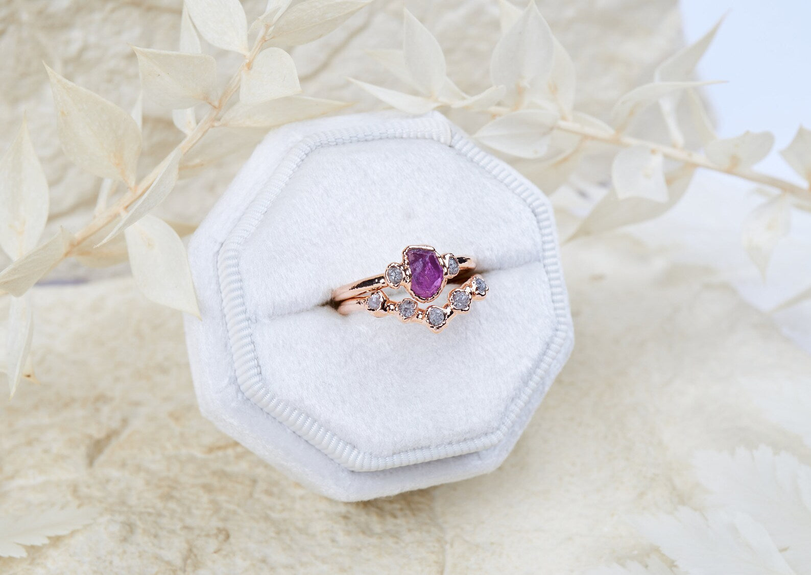 Raw ruby and diamond wedding set | Marissa