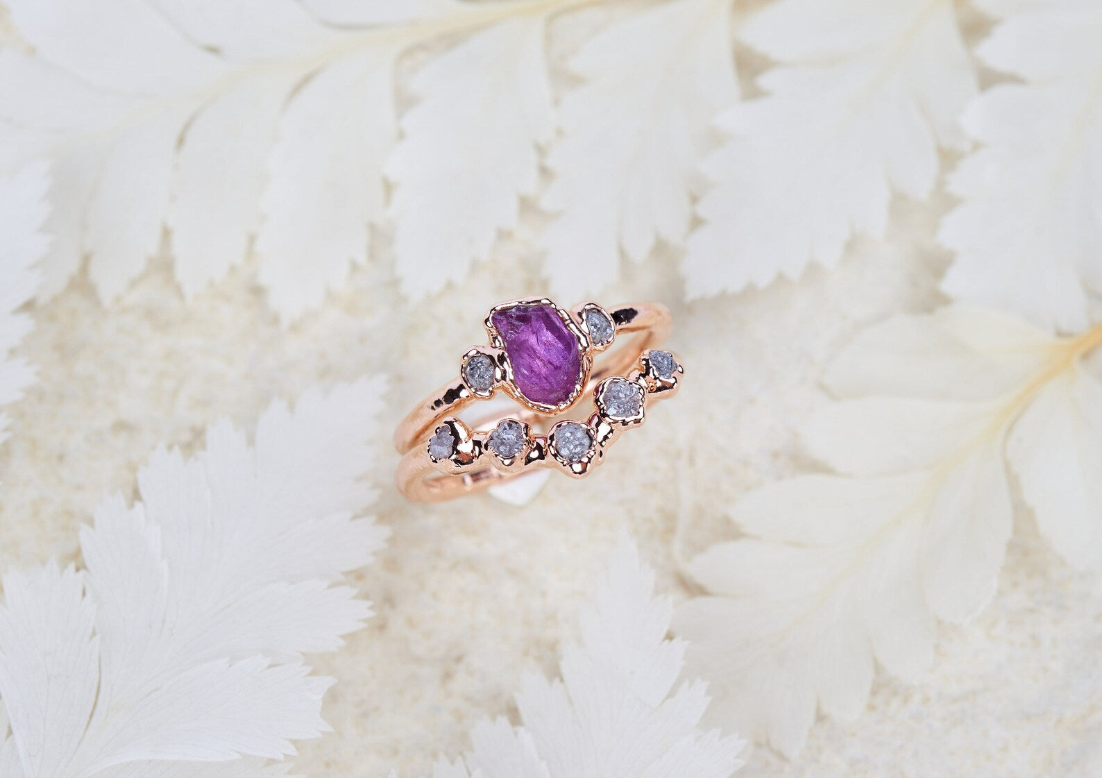 Raw ruby and diamond wedding set | Marissa