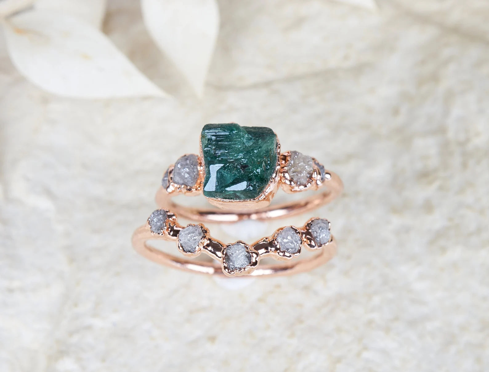 Uncut emerald ring set | Rosalyn With chevron ring