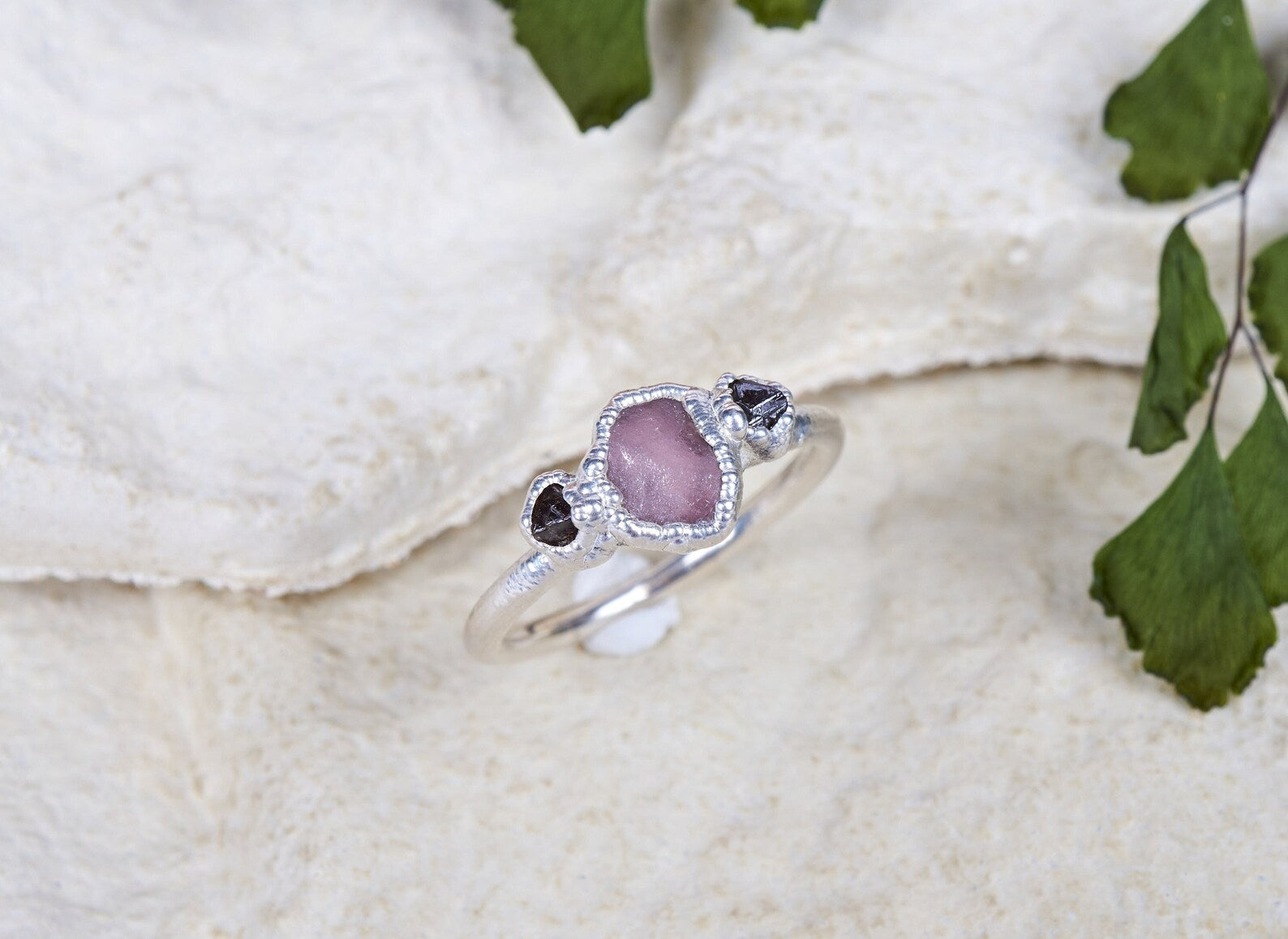READY TO SHIP in US size 4 3/4 | Raw pink sapphire and diamond ring