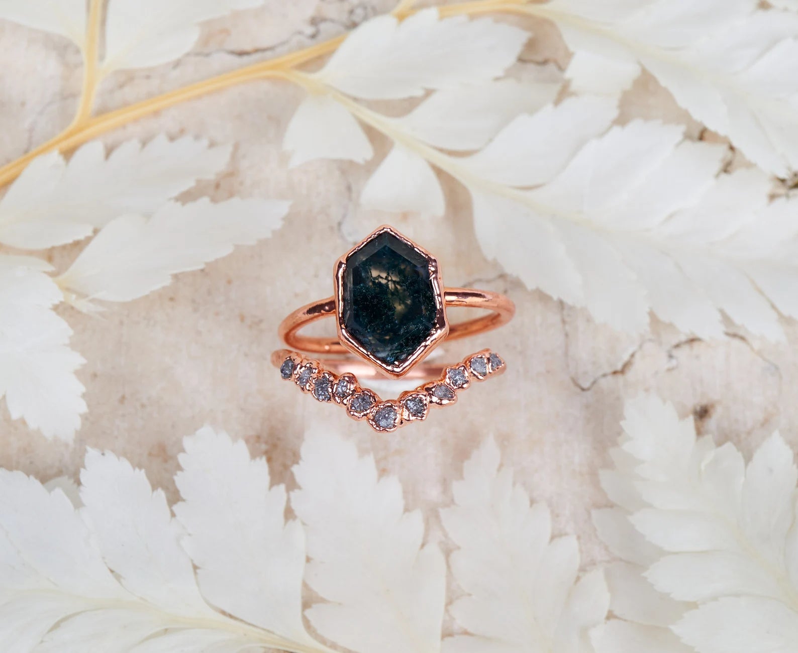 Moss agate and diamond engagement ring | Lucinda