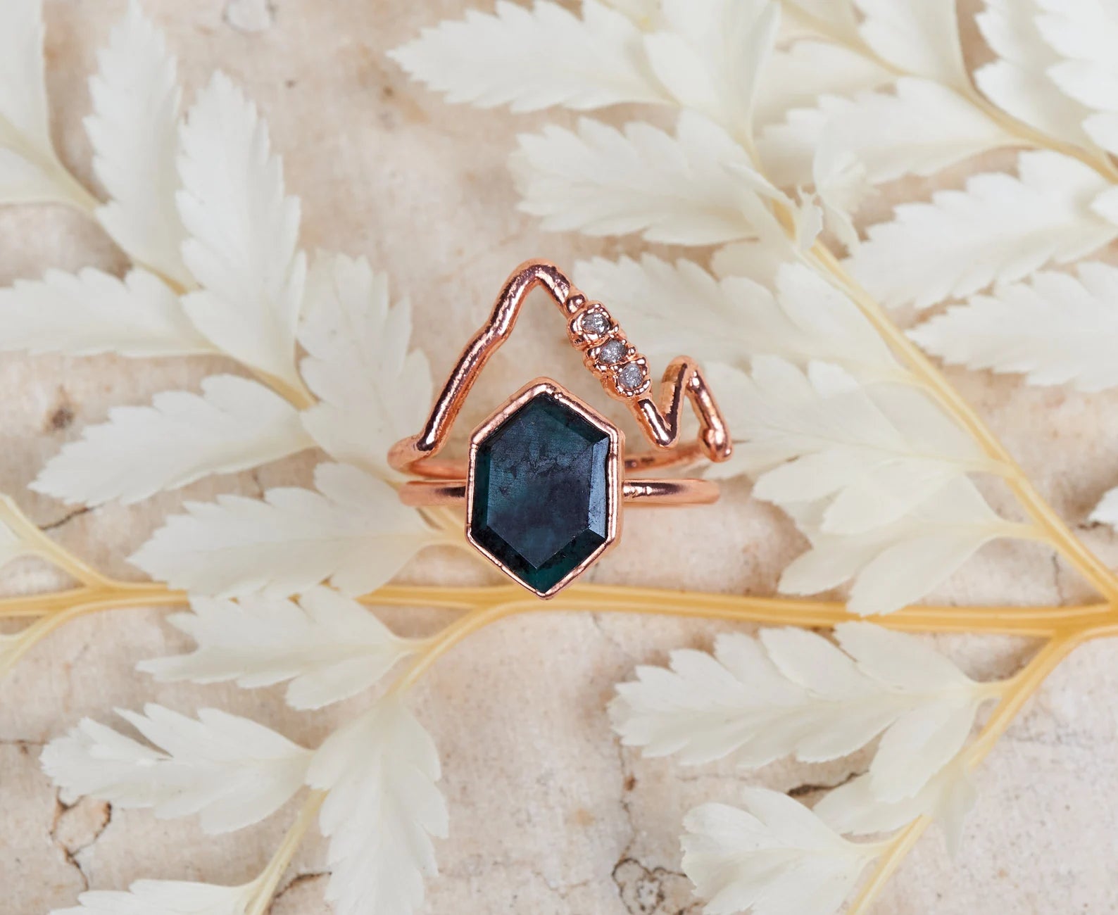 Unique emerald ring design with mountain | Farrah Two piece set