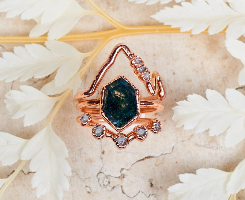 Moss Agate engagement rings | Aurelia Three piece set