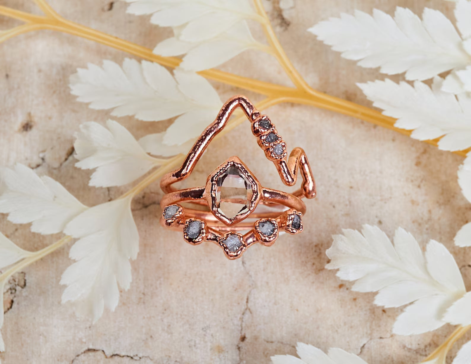 Mountain Herkimer ring with raw diamonds | Alice Three piece set