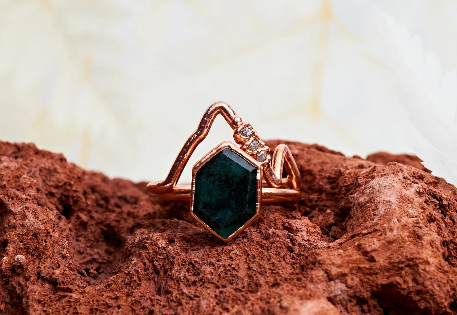 Unique emerald ring design with mountain | Farrah