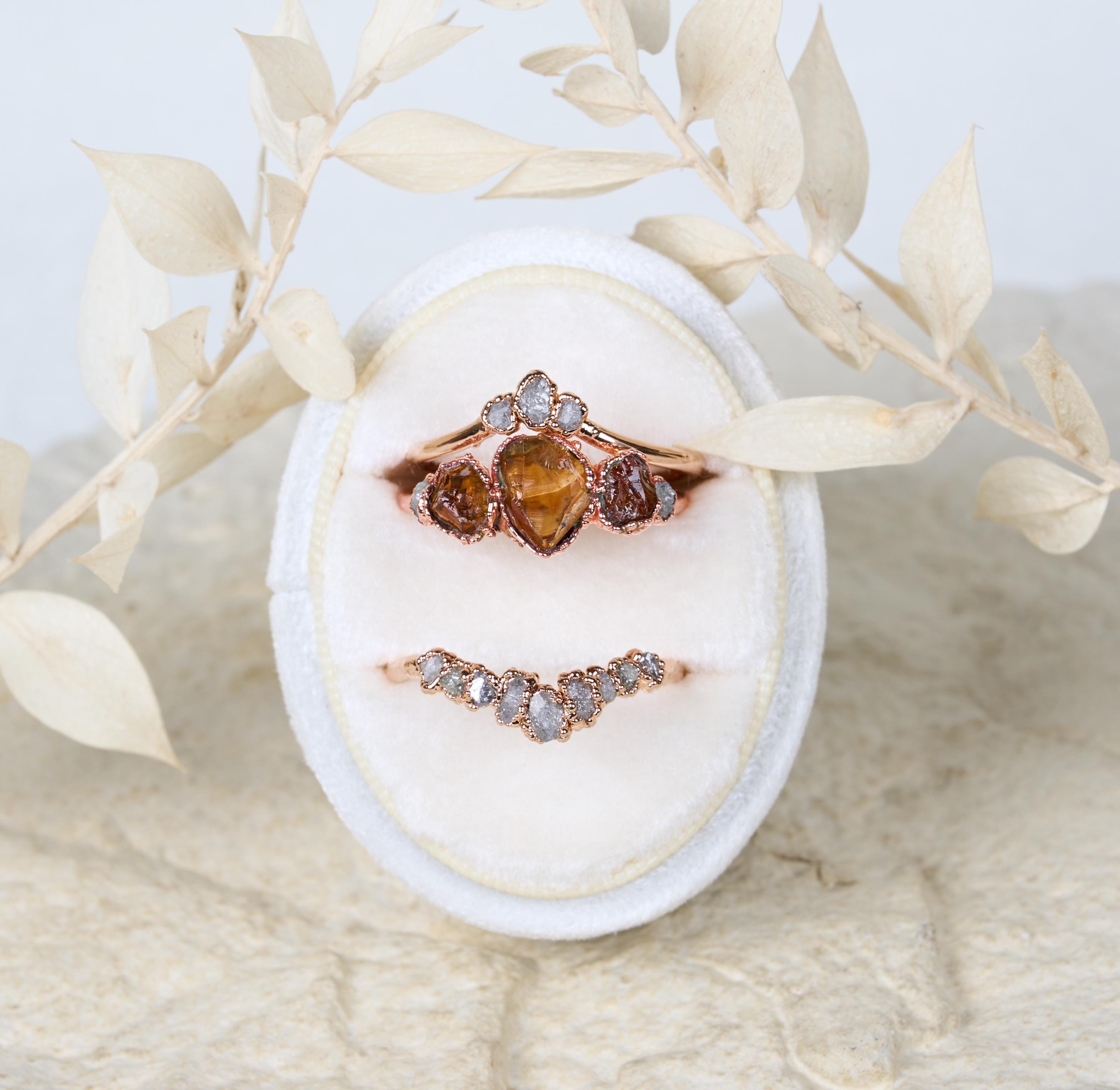 Raw Citrine and diamond ring set