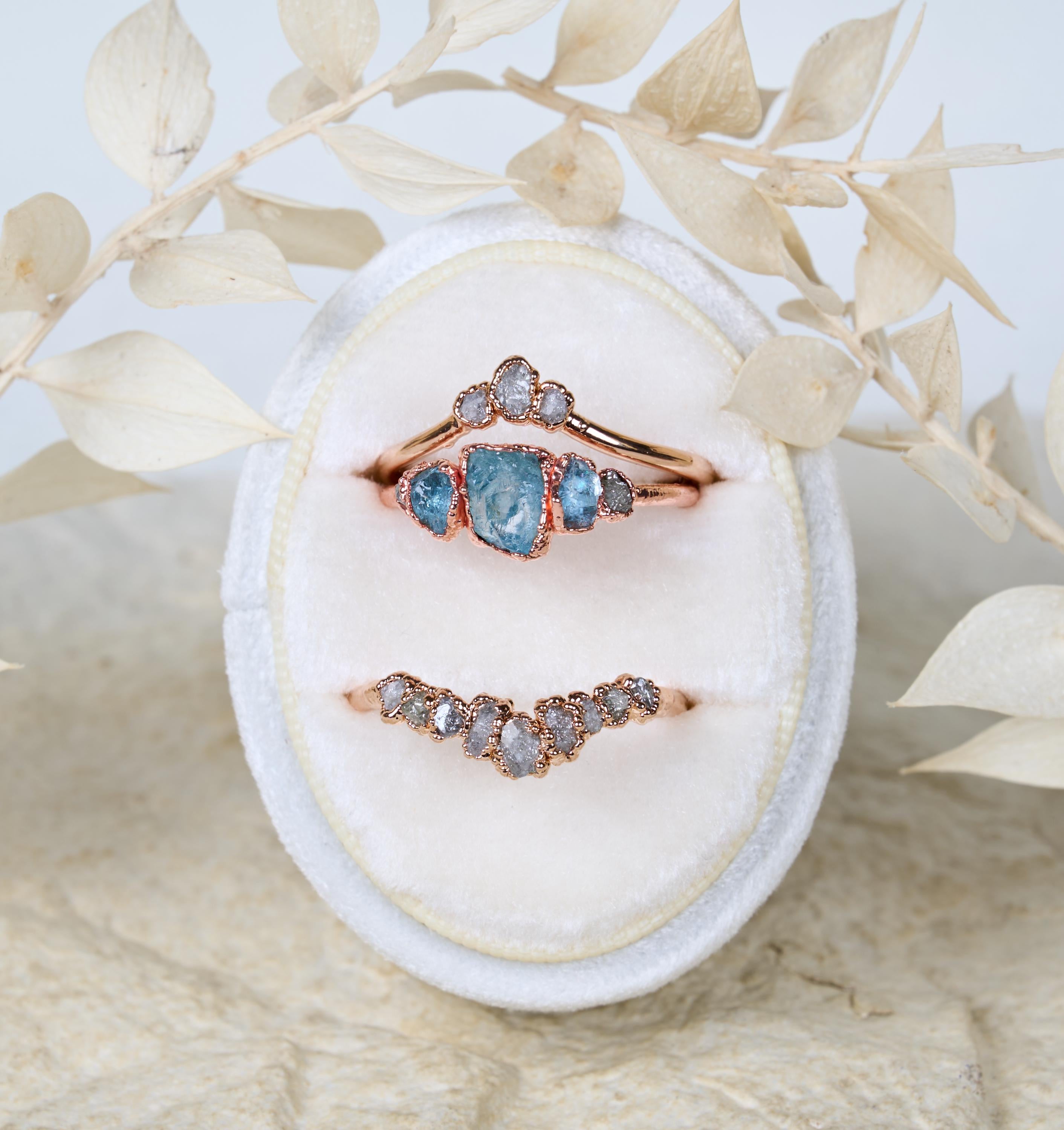 Raw Aquamarine and diamond ring set