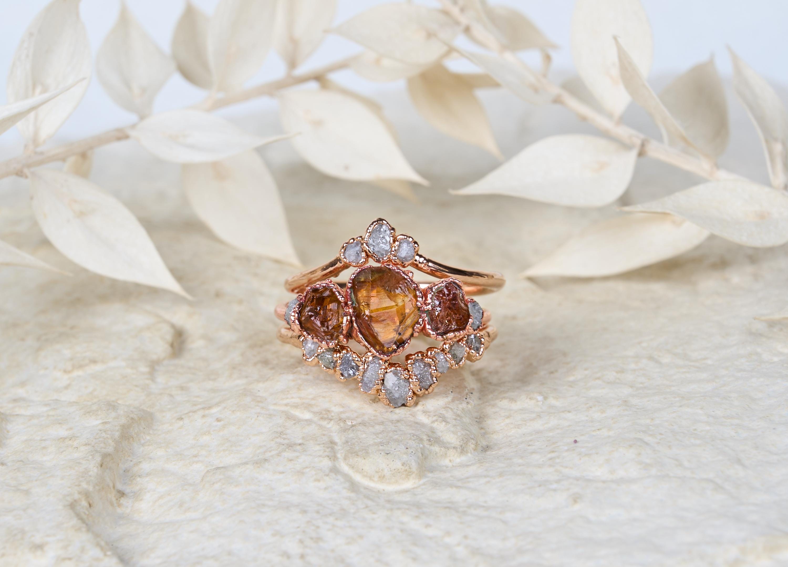 Raw Citrine and diamond ring set