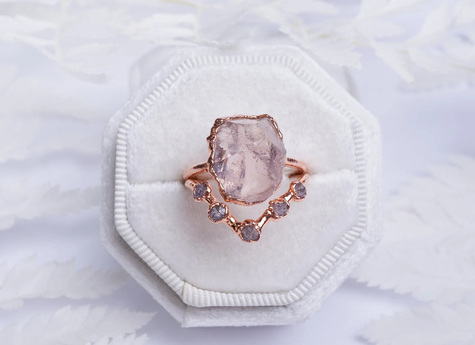 Rose quartz diamond ring set | Hariett With chevron ring