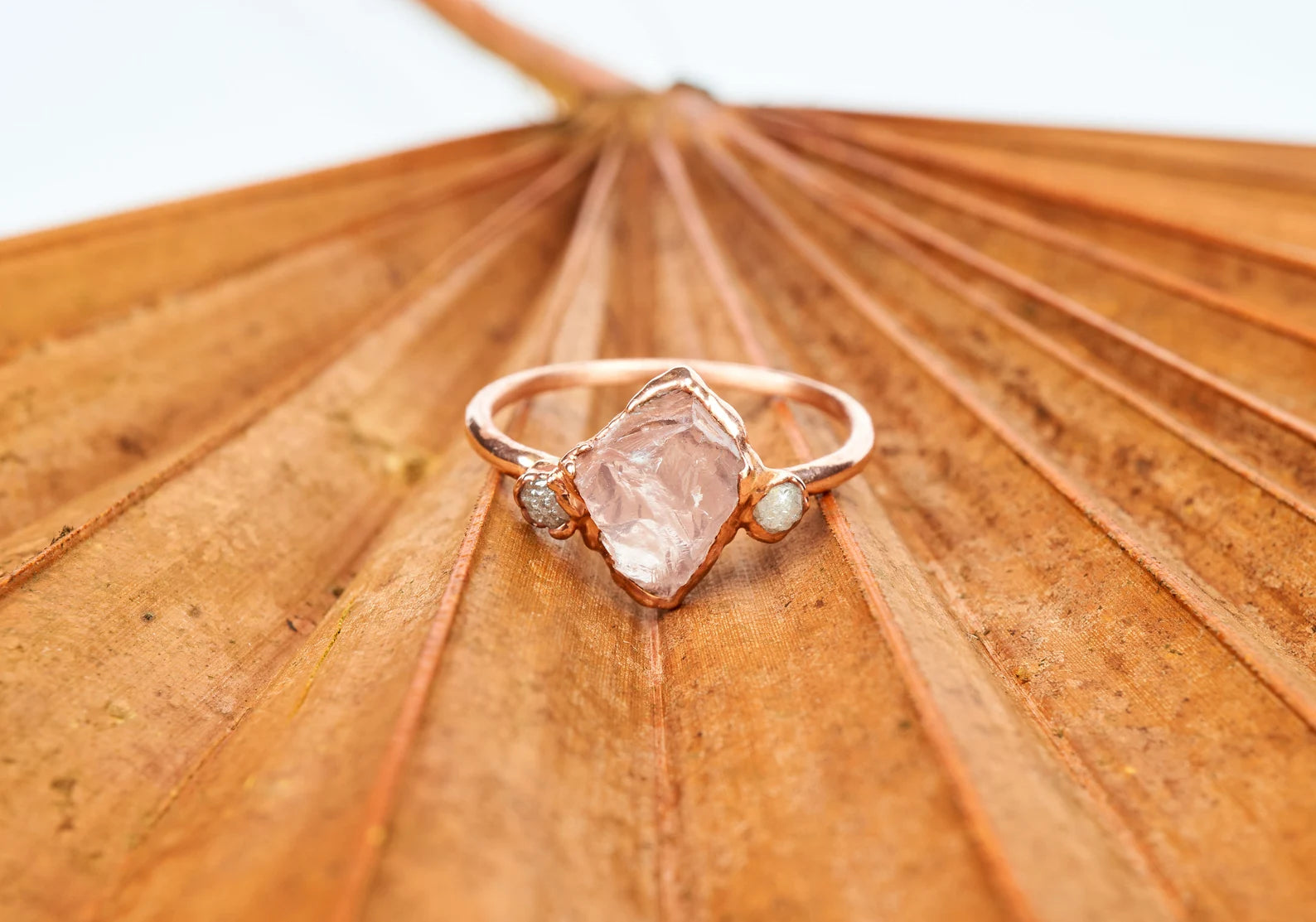 Raw rose quartz engagement ring | Dora No chevron ring