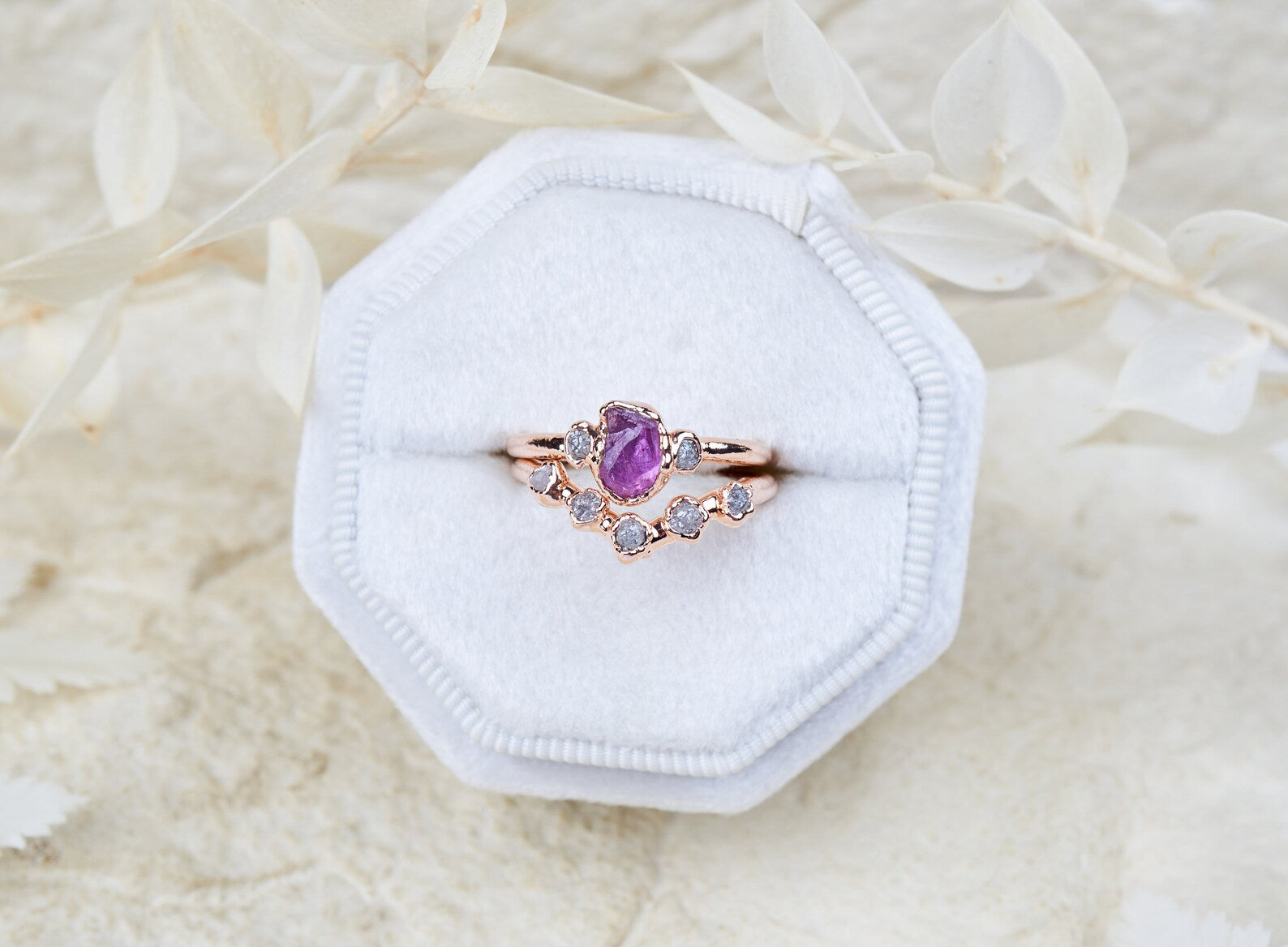 Raw ruby and diamond wedding set | Marissa