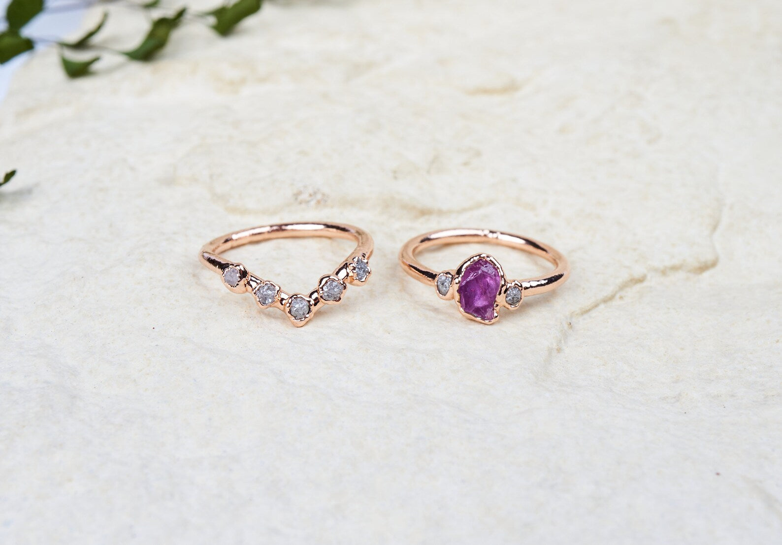 Raw ruby and diamond wedding set | Marissa