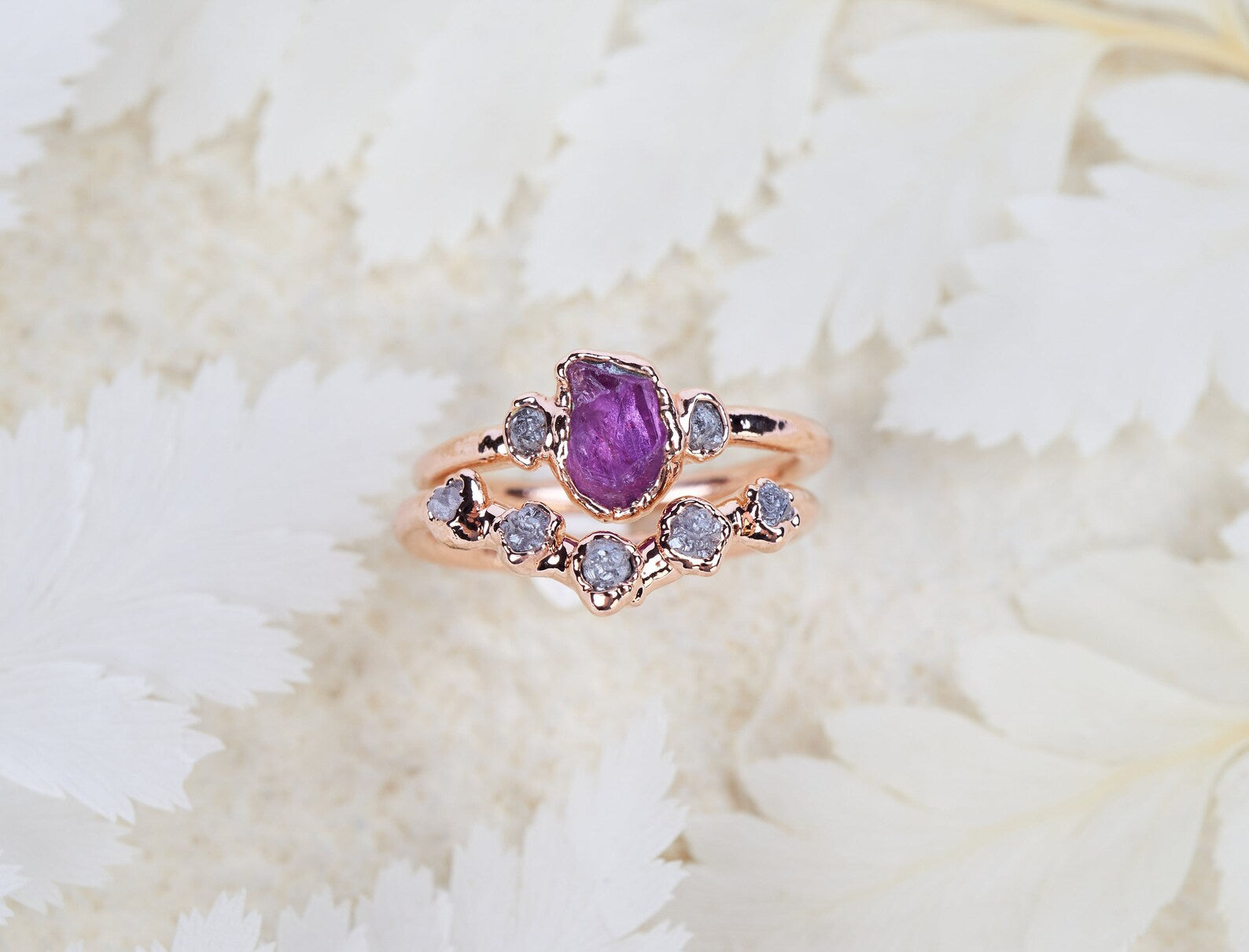 Raw ruby and diamond wedding set | Marissa