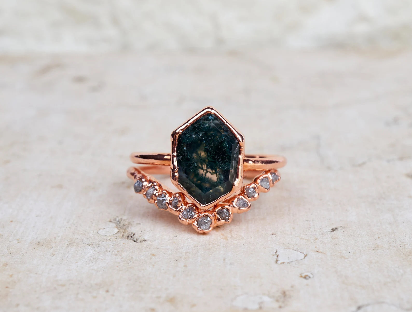 Moss agate and diamond engagement ring | Lucinda
