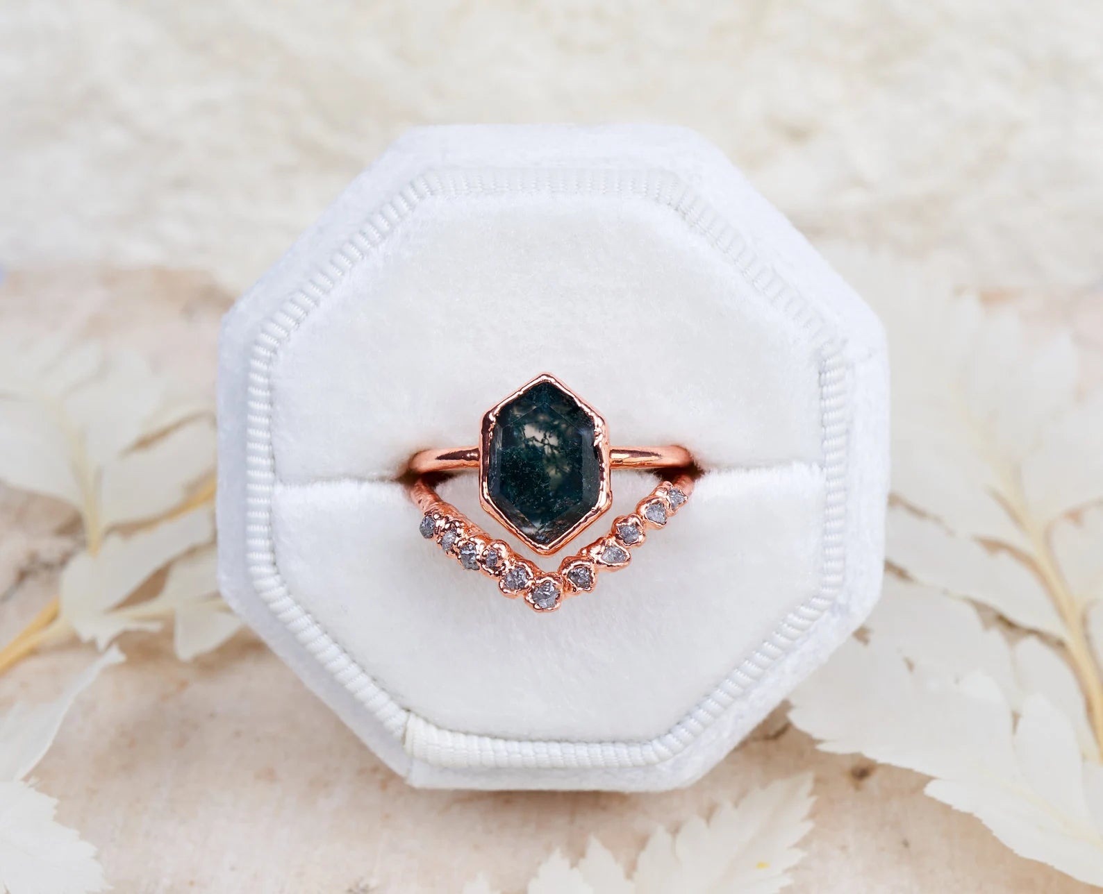 Moss agate and diamond engagement ring | Lucinda