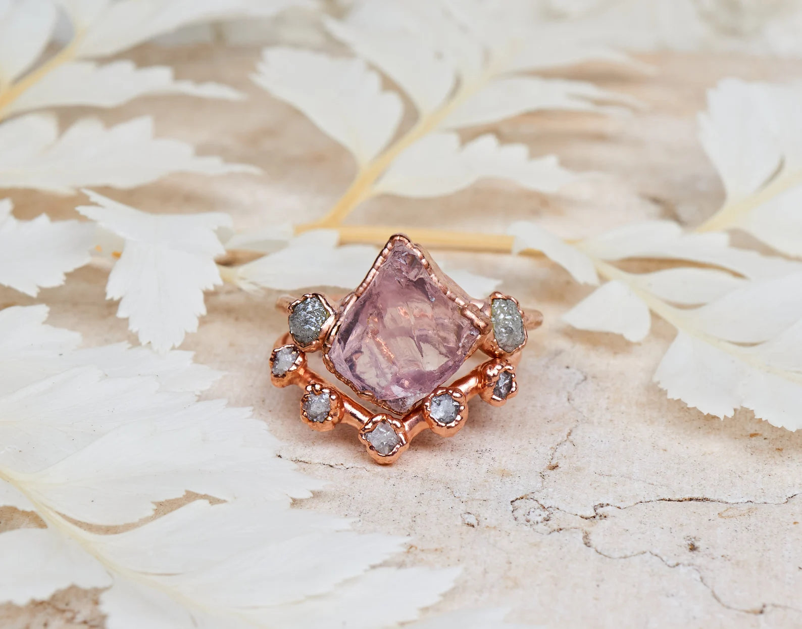 Raw rose quartz engagement ring | Dora With chevron ring
