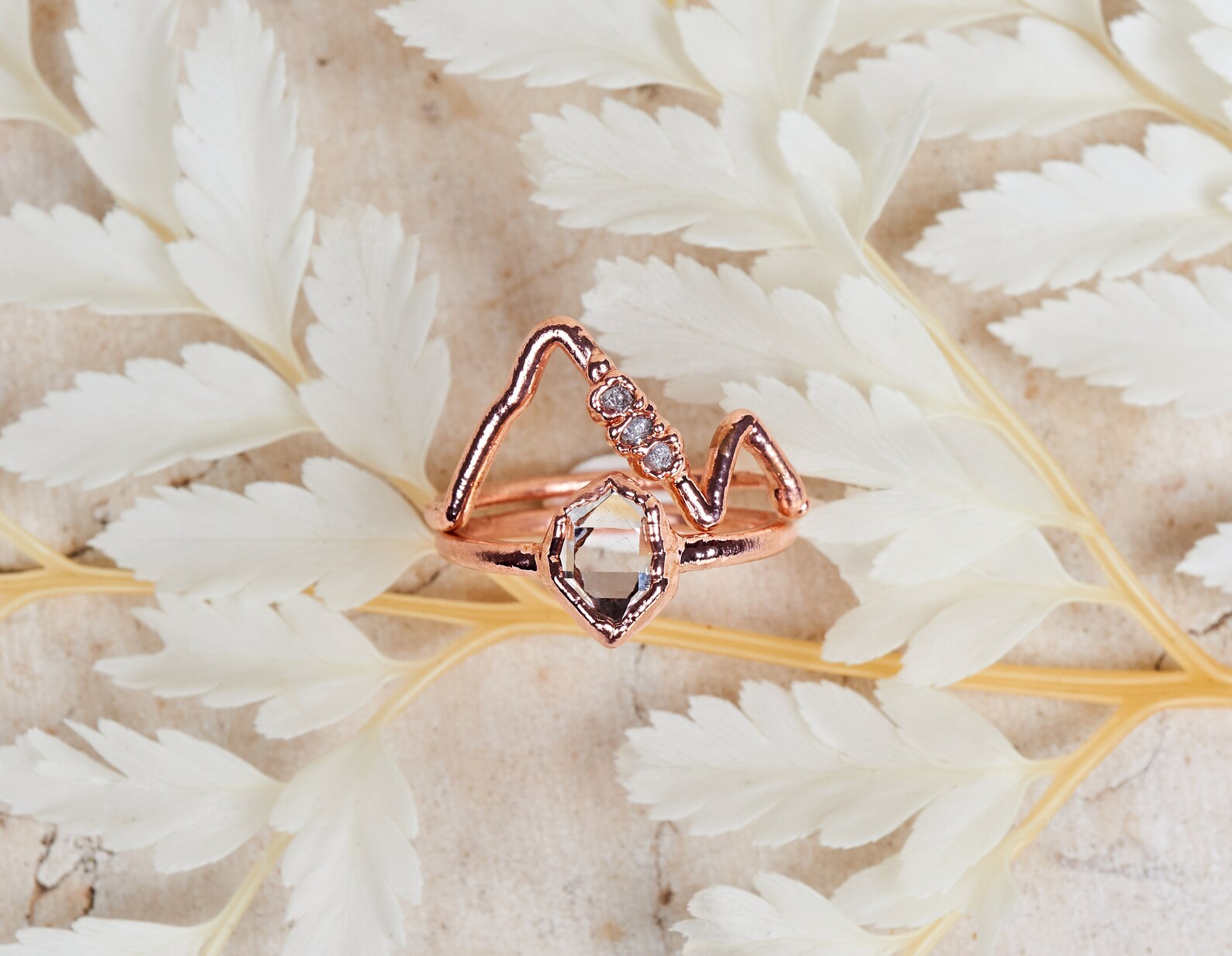 Mountain Herkimer ring with raw diamonds | Alice Two piece set