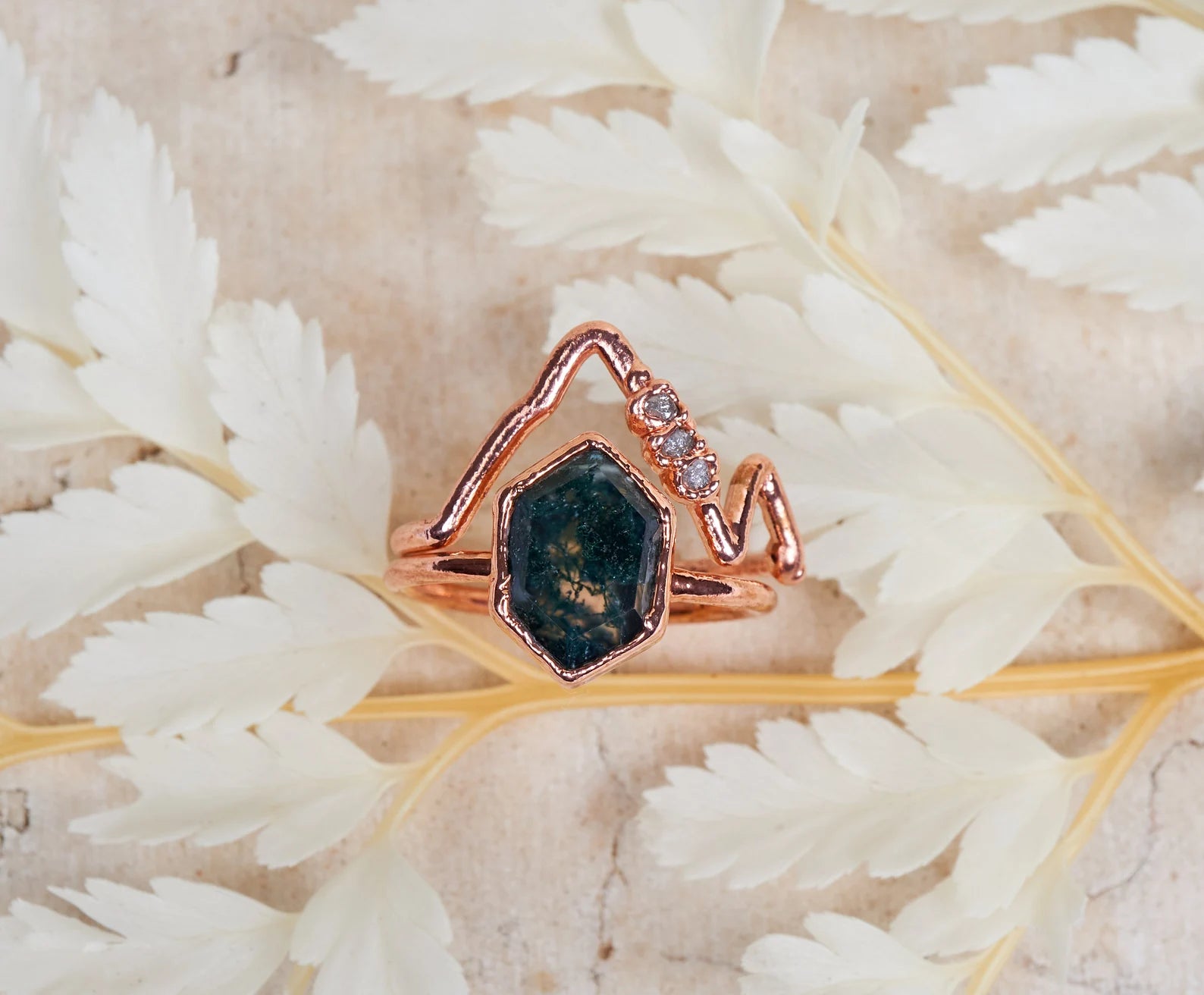 Moss Agate engagement rings | Aurelia Two piece set