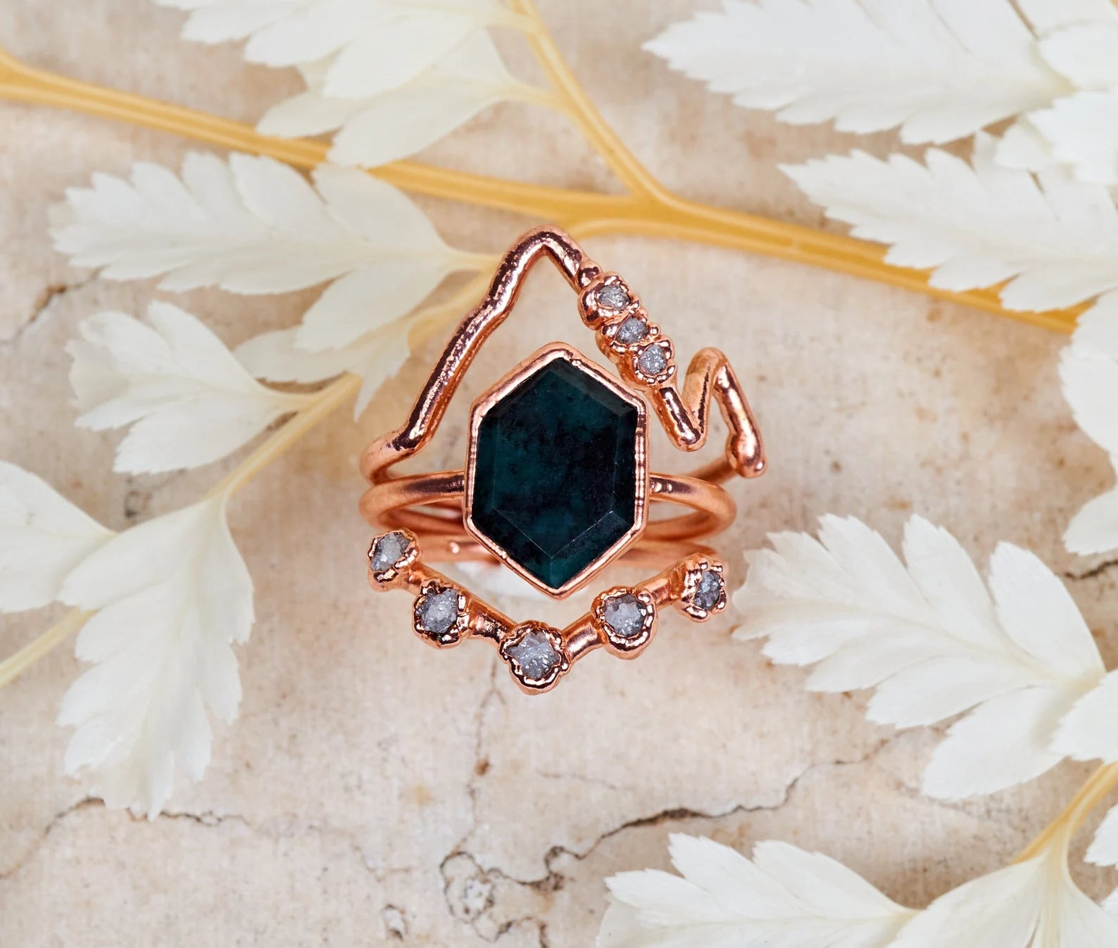 Unique emerald ring design with mountain | Farrah Three piece set