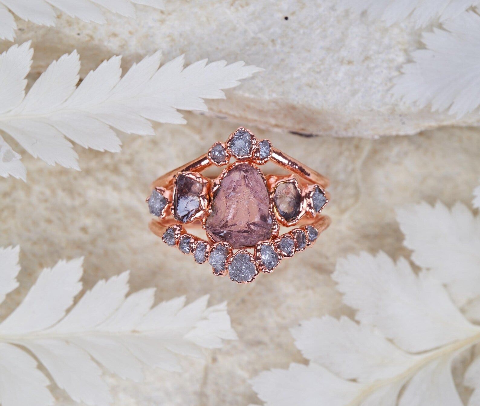 Pink quartz engagement ring | Meredith Three piece set