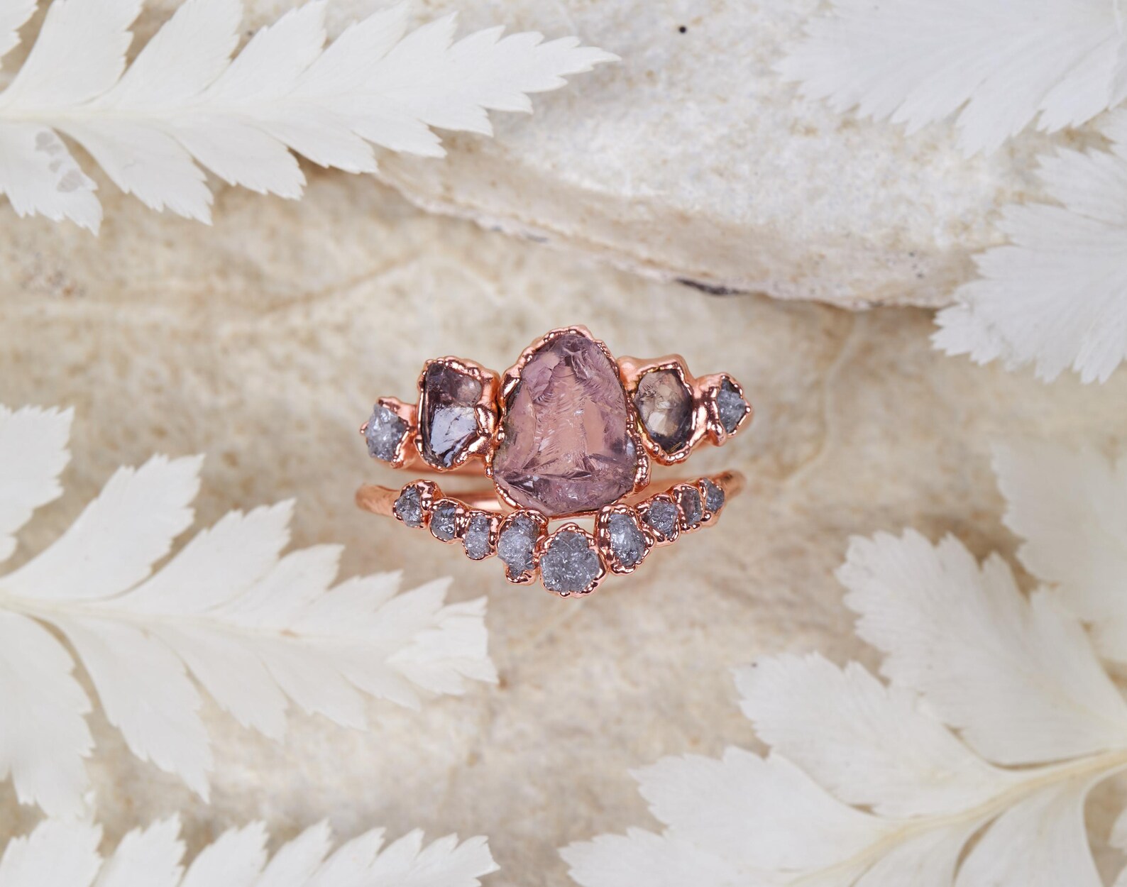 Pink quartz engagement ring | Meredith Two piece set