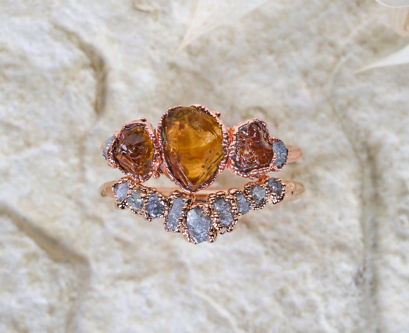 Raw Citrine and diamond ring set Two piece set