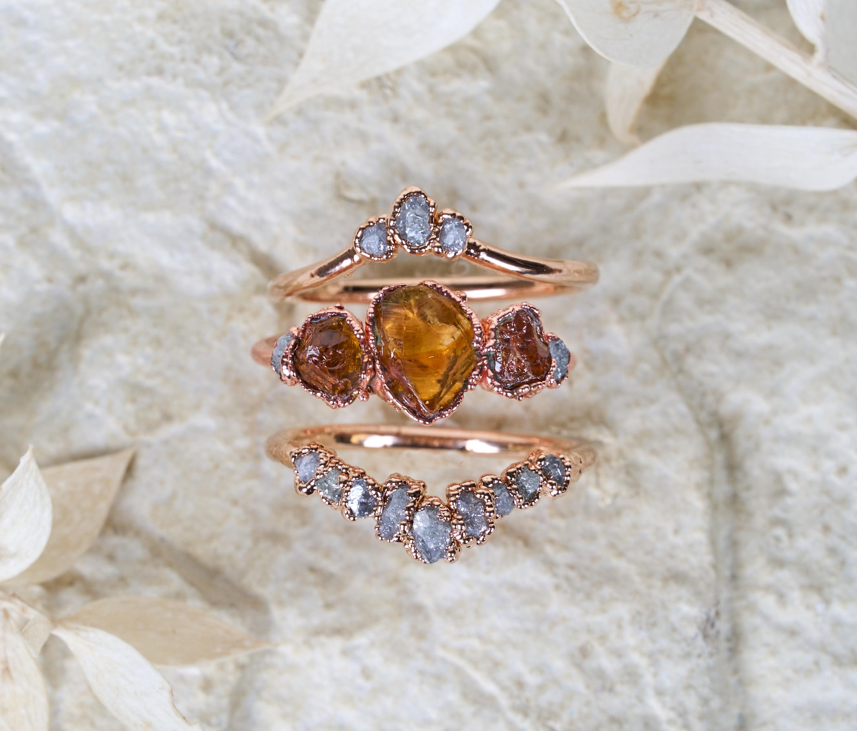 Raw Citrine and diamond ring set Three piece set