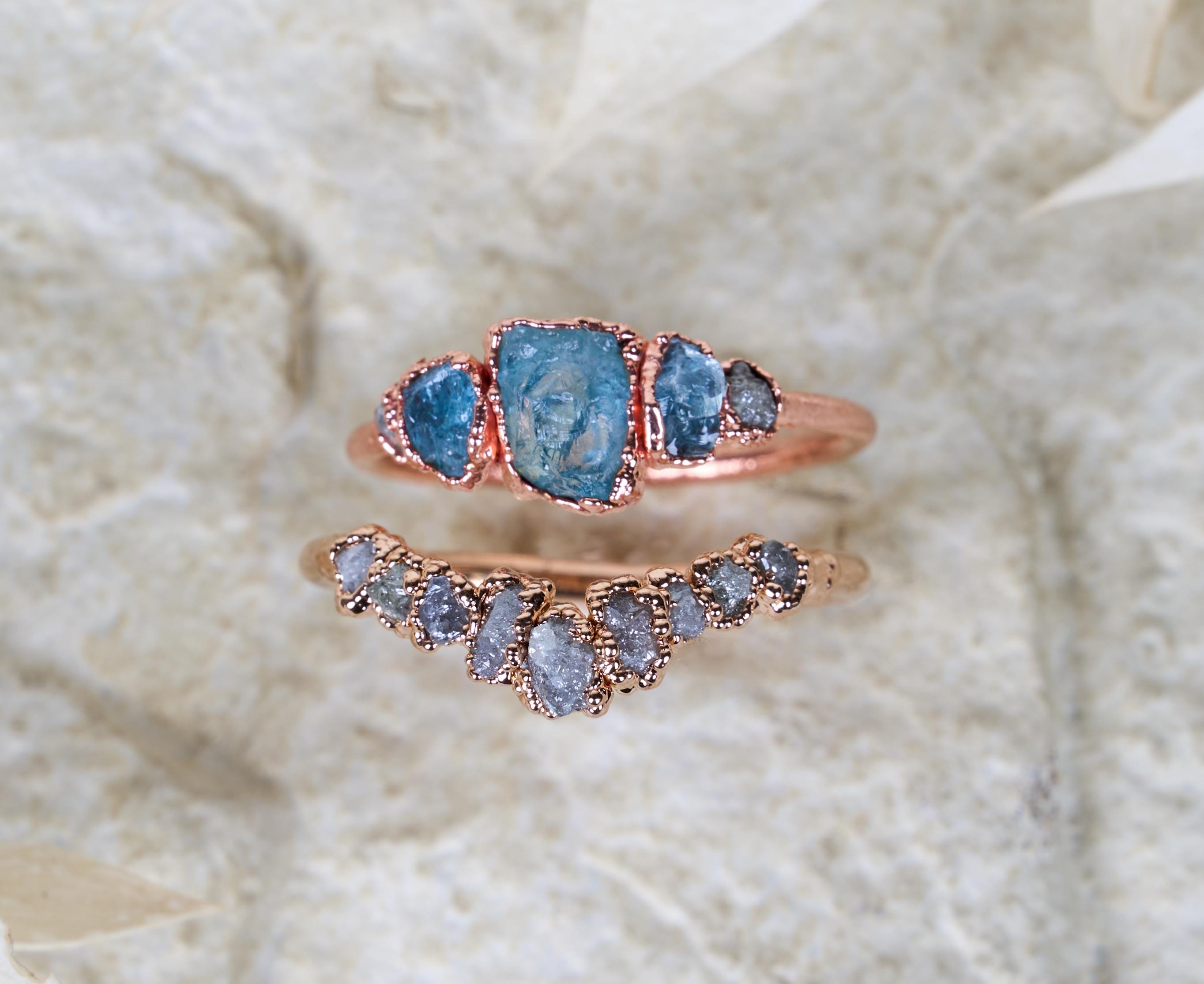 Raw Aquamarine and diamond ring set Two piece set