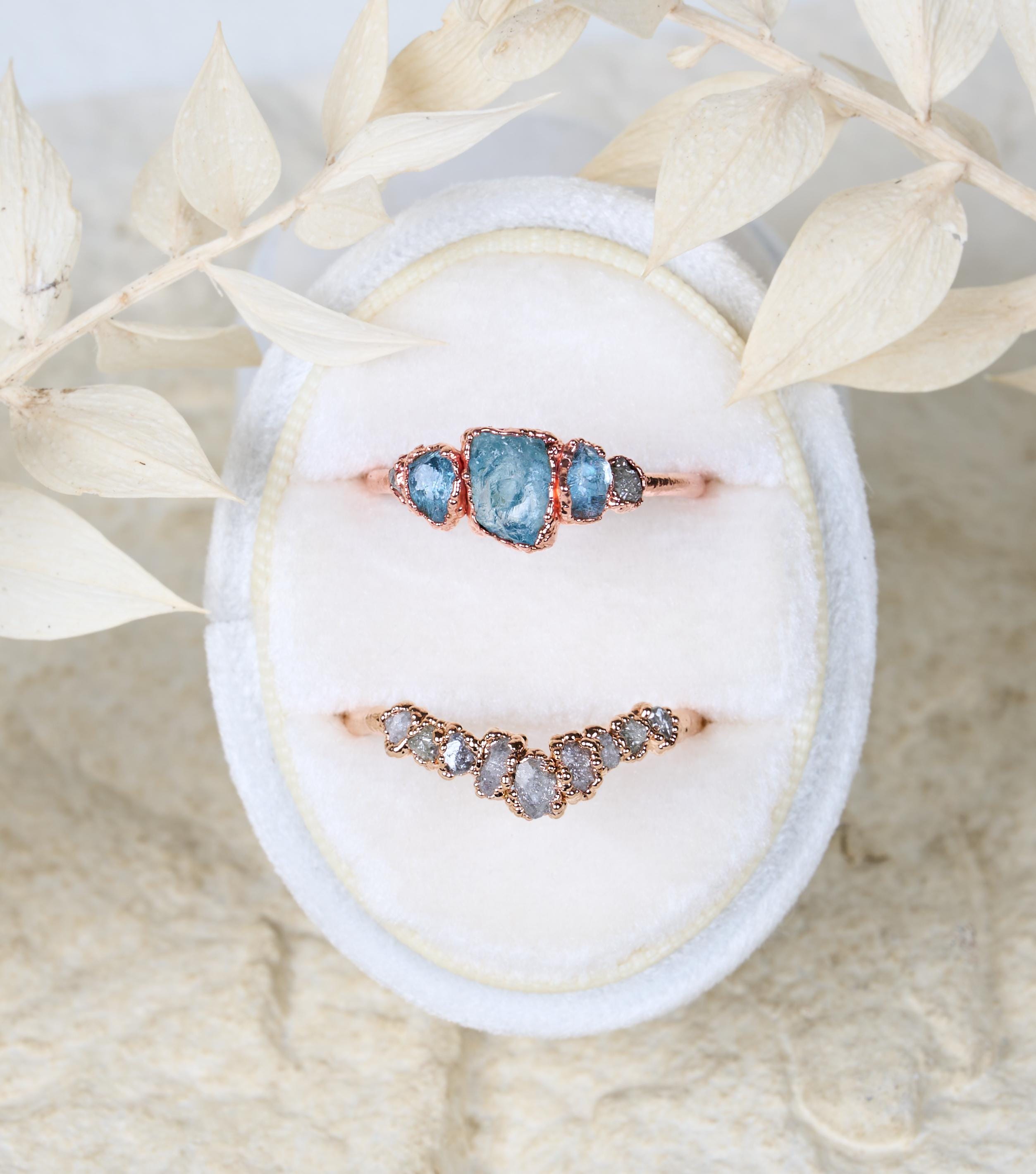 Raw Aquamarine and diamond ring set