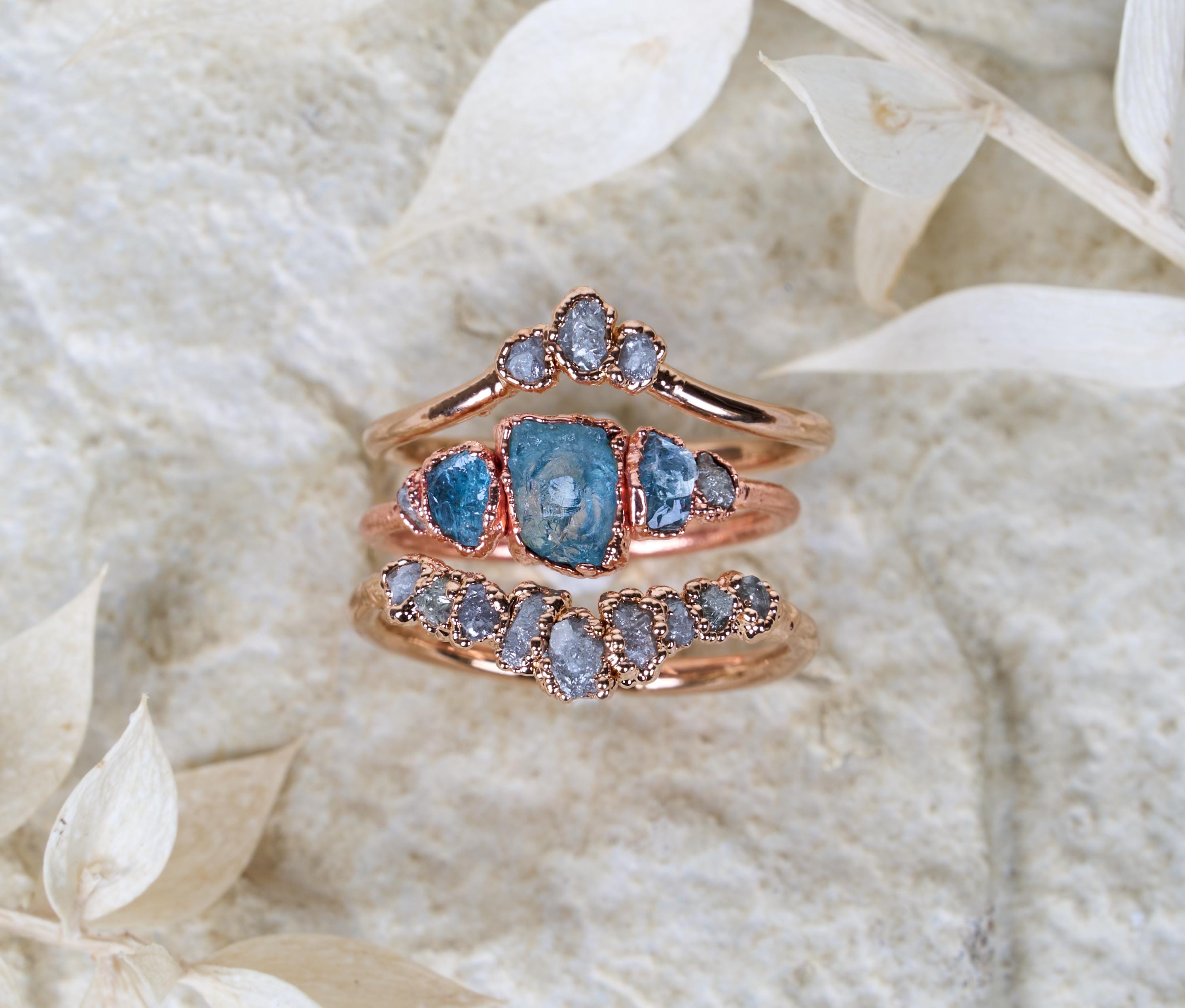 Raw Aquamarine and diamond ring set