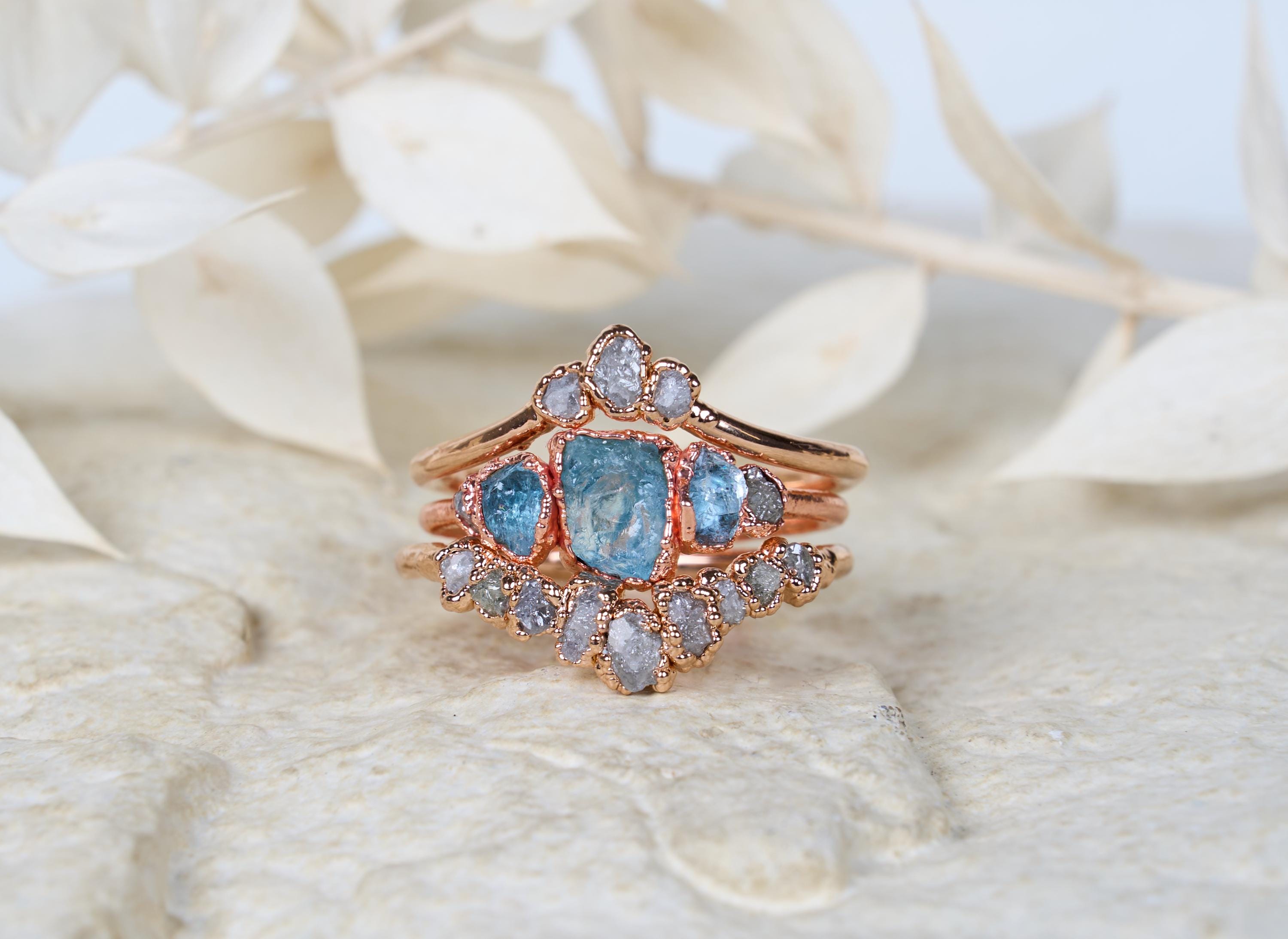 Raw Aquamarine and diamond ring set Three piece set