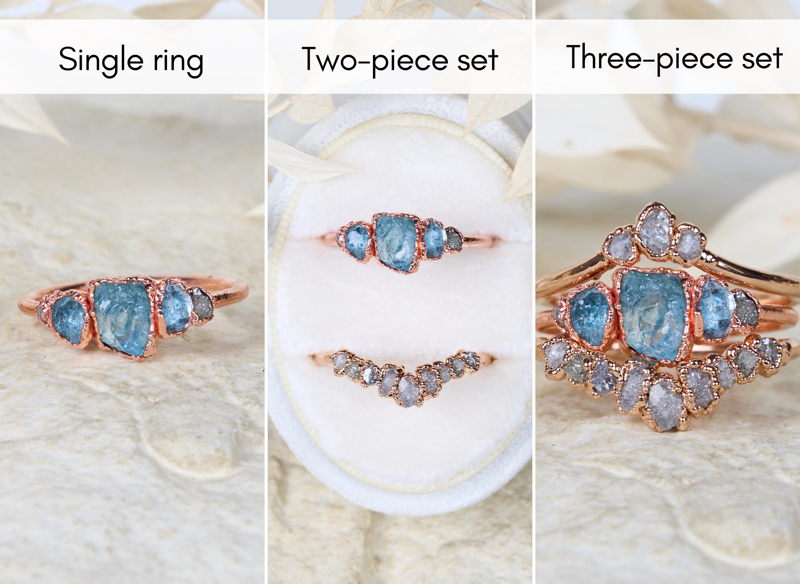 Raw Aquamarine and diamond ring set Single ring