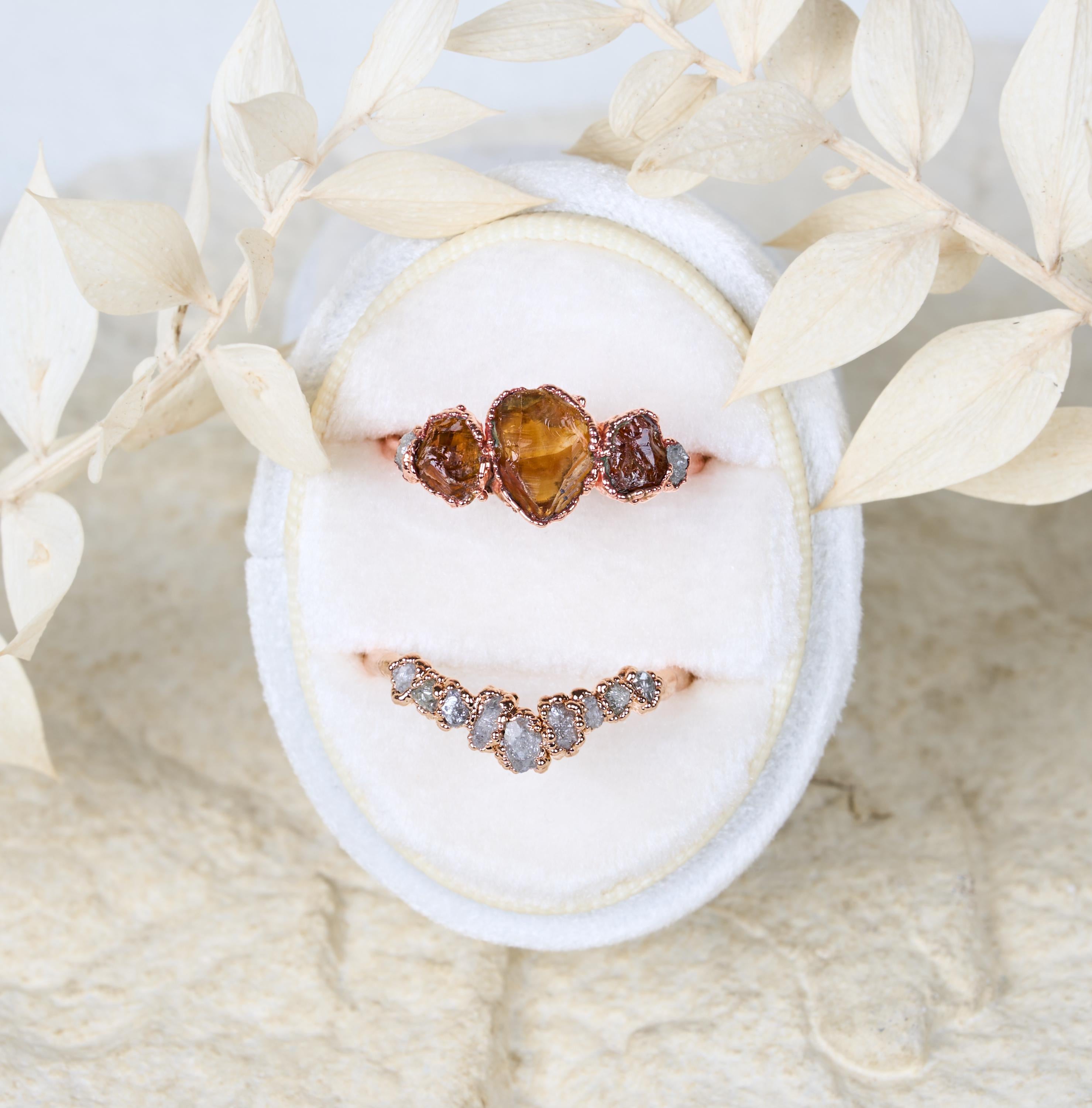 Raw Citrine and diamond ring set