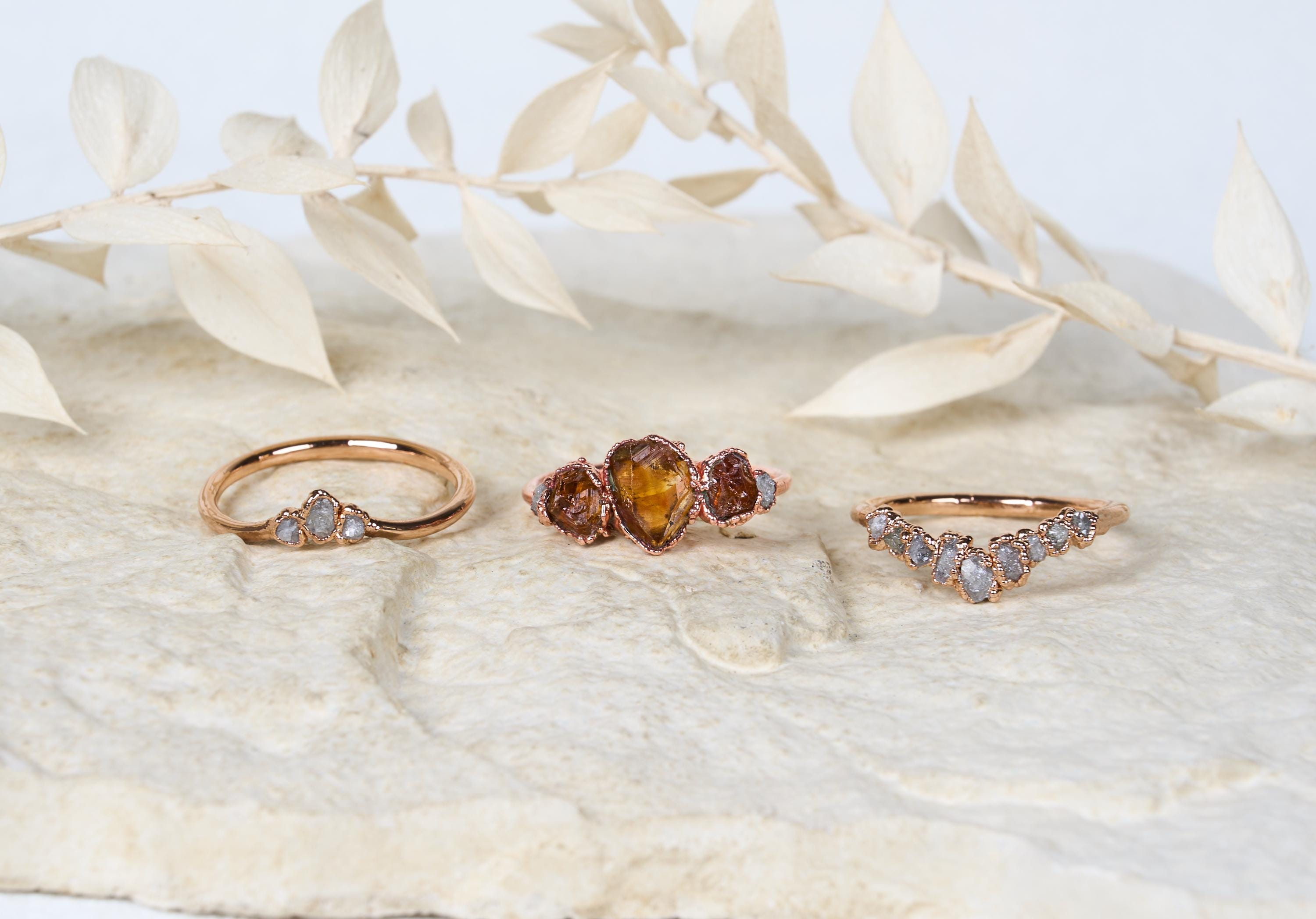 Raw Citrine and diamond ring set