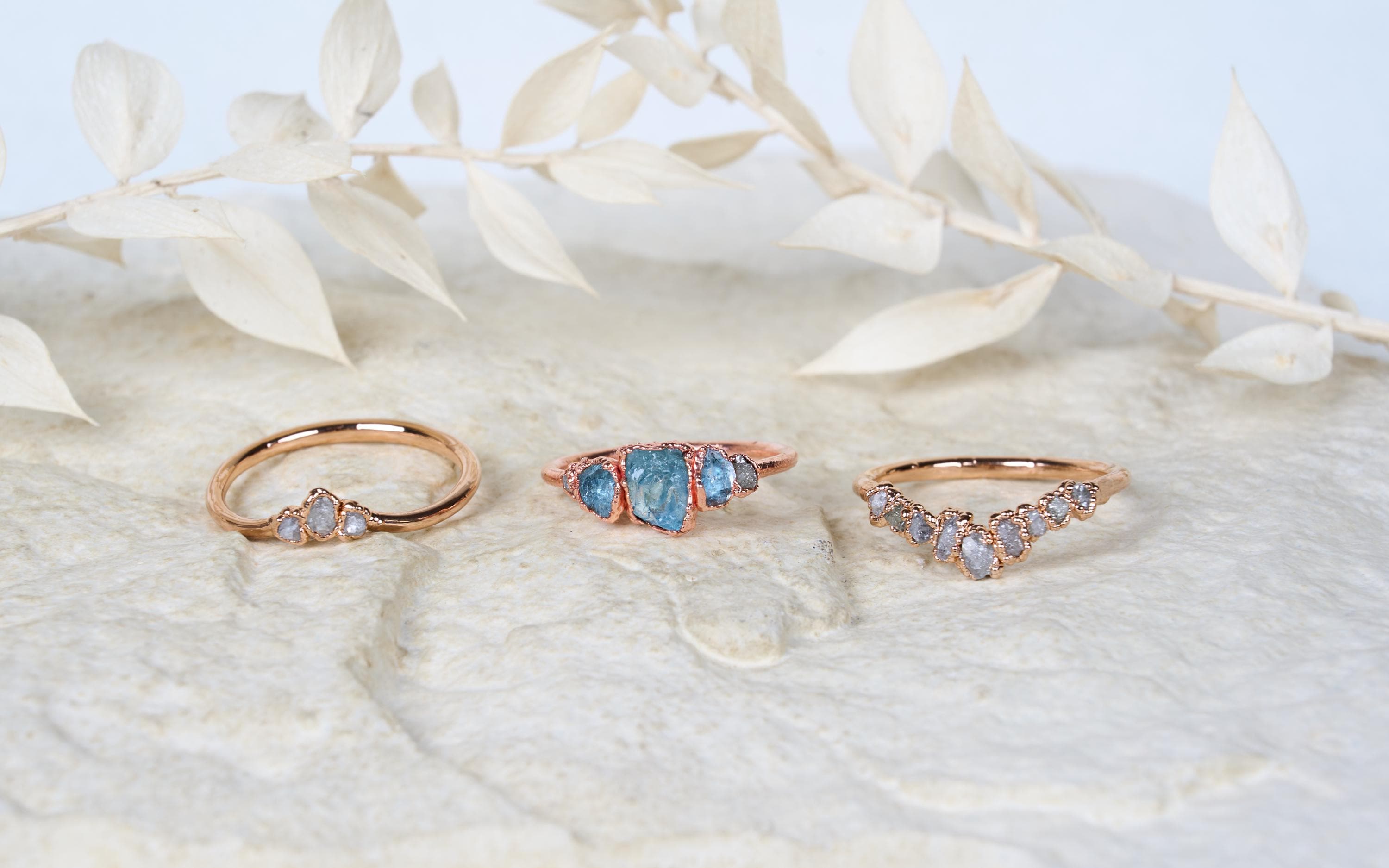 Raw Aquamarine and diamond ring set