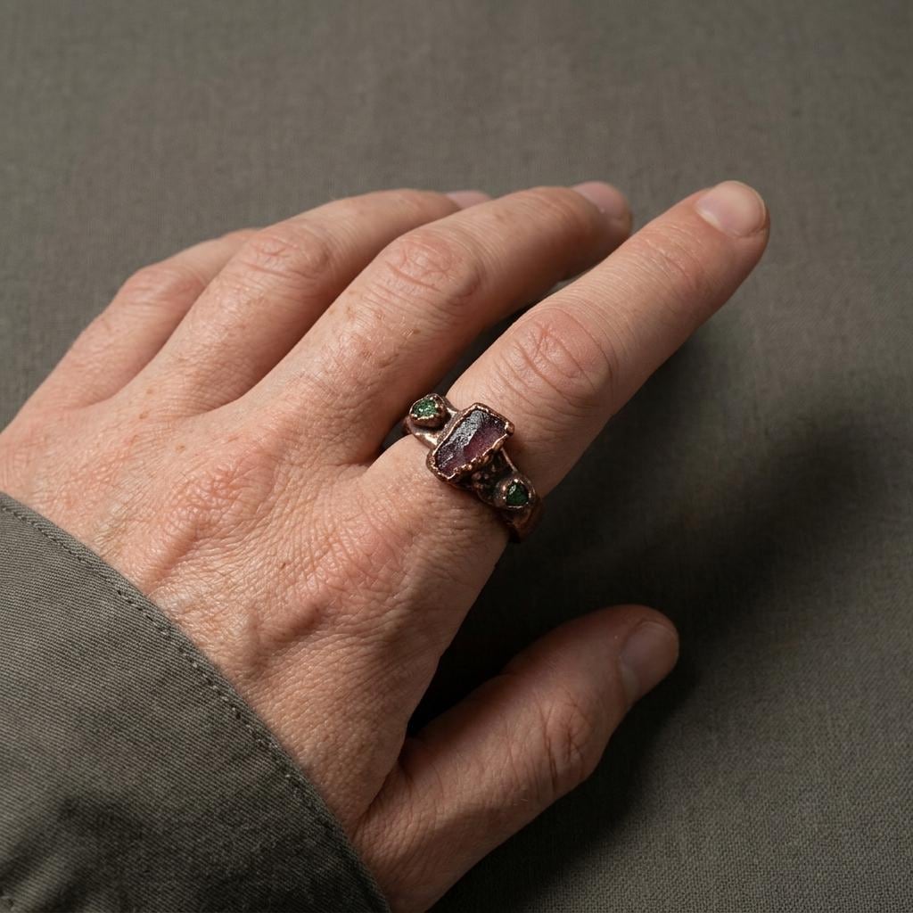 Anello uomo con granato e smeraldi grezzi. Fidanzamento alternativo. Fedina rustica di promessa per lui. Regalo unico con pietre naturali